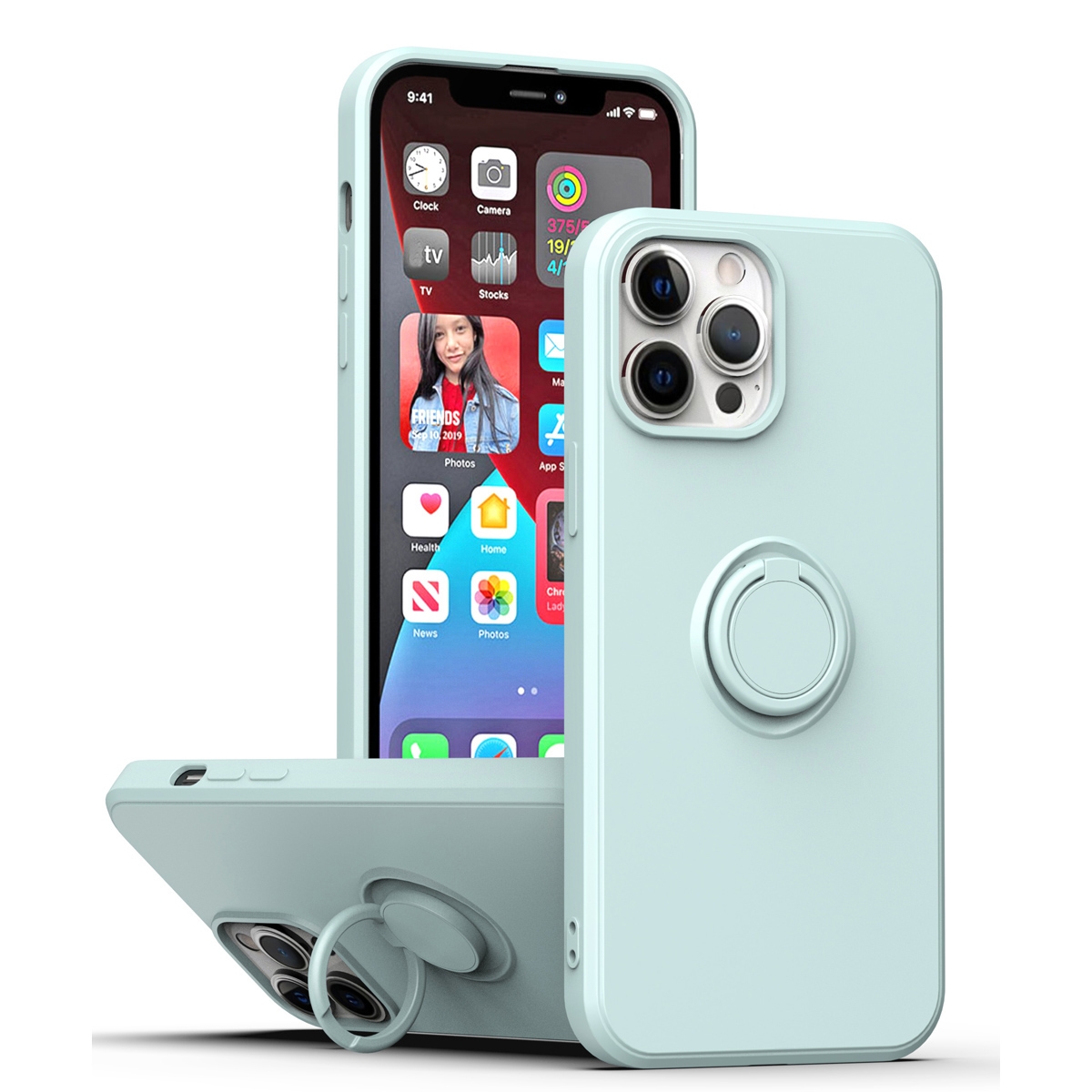 For iPhone 15 Ring Kickstand Silicone Phone Case(Light Cyan) - Shopkiz.com