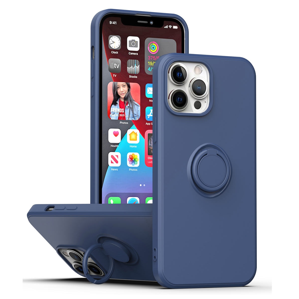 For iPhone 15 Pro Ring Kickstand Silicone Phone Case(Dark Blue) - Shopkiz.com