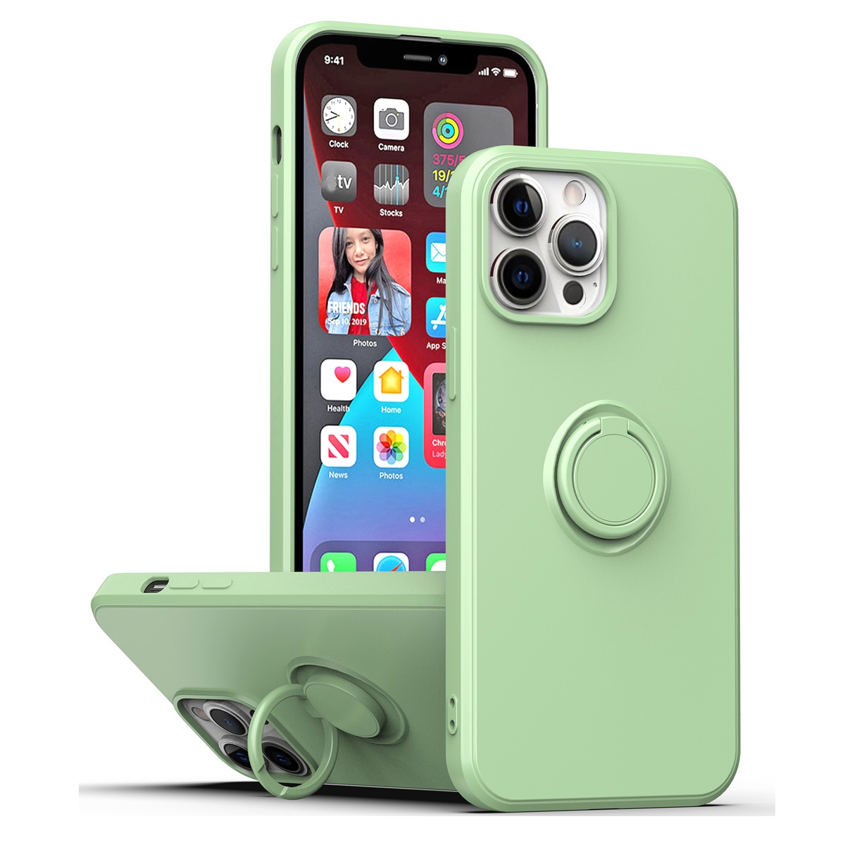 For iPhone 15 Pro Ring Kickstand Silicone Phone Case(Matcha Green) - Shopkiz.com
