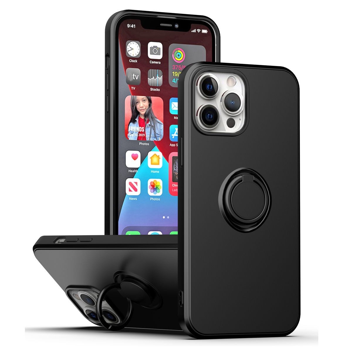 For iPhone 15 Pro Max Ring Kickstand Silicone Phone Case(Black) - Shopkiz.com