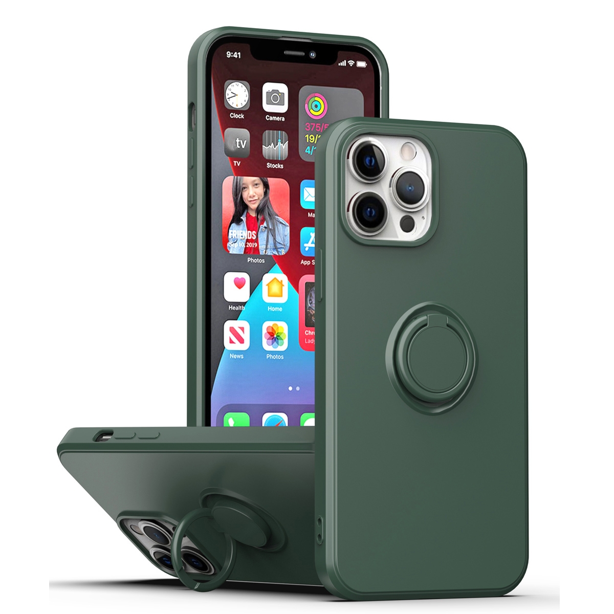 For iPhone 15 Pro Max Ring Kickstand Silicone Phone Case(Army Green) - Shopkiz.com