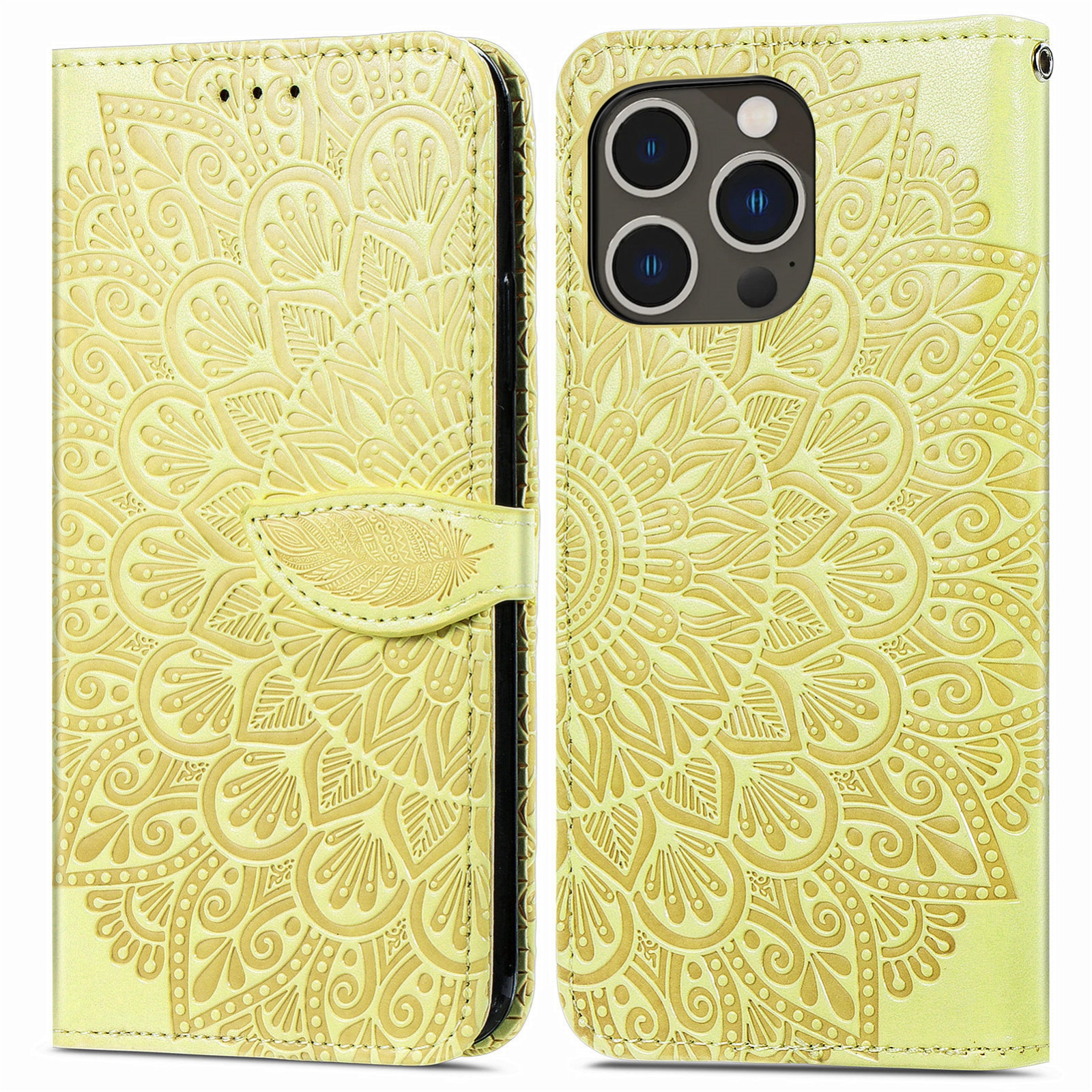 For iPhone 15 Pro Max Blooming Mandala Embossed Wings Buckle Leather Phone Case(Yellow) - Shopkiz.com