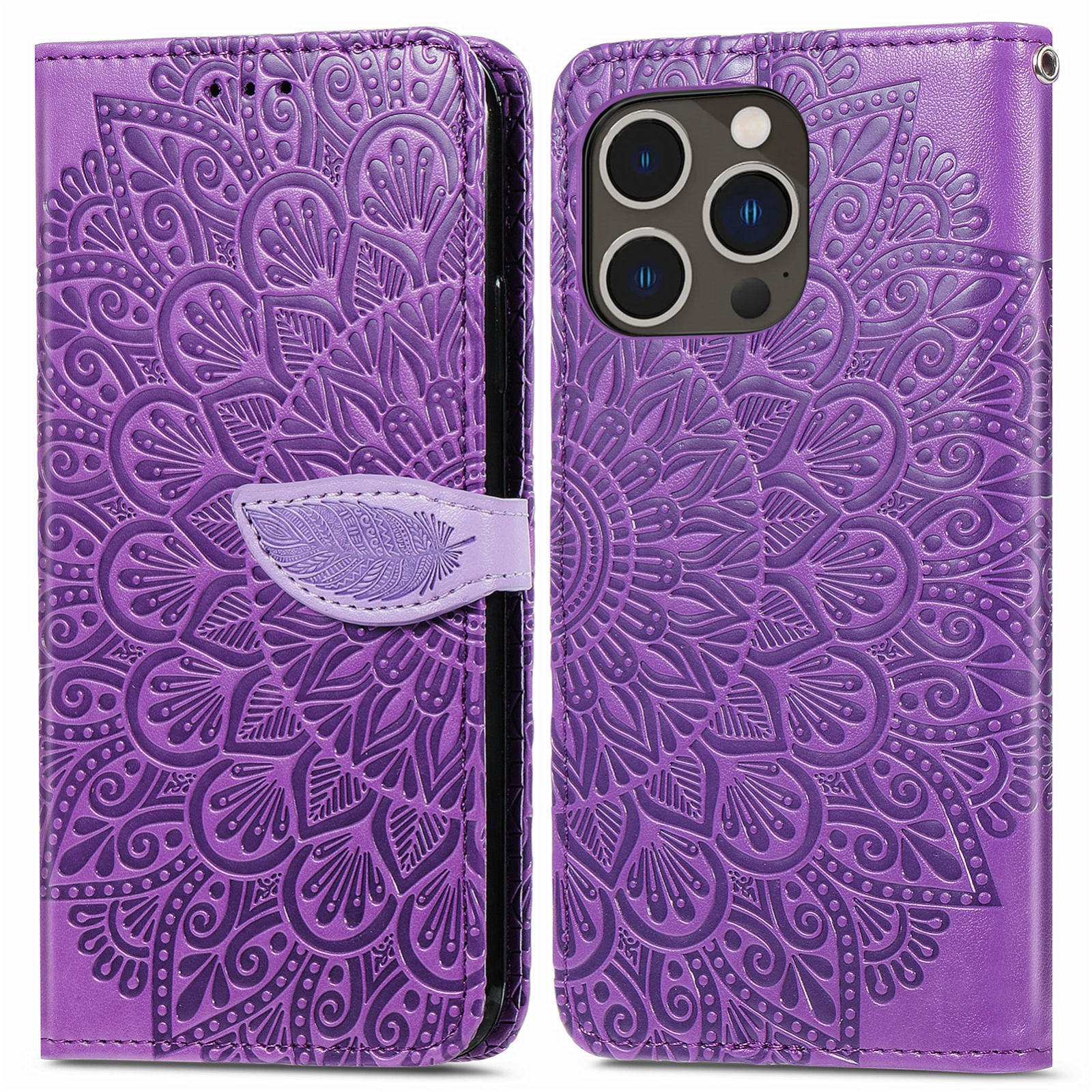 For iPhone 15 Pro Blooming Mandala Embossed Wings Buckle Leather Phone Case(purple) - Shopkiz.com