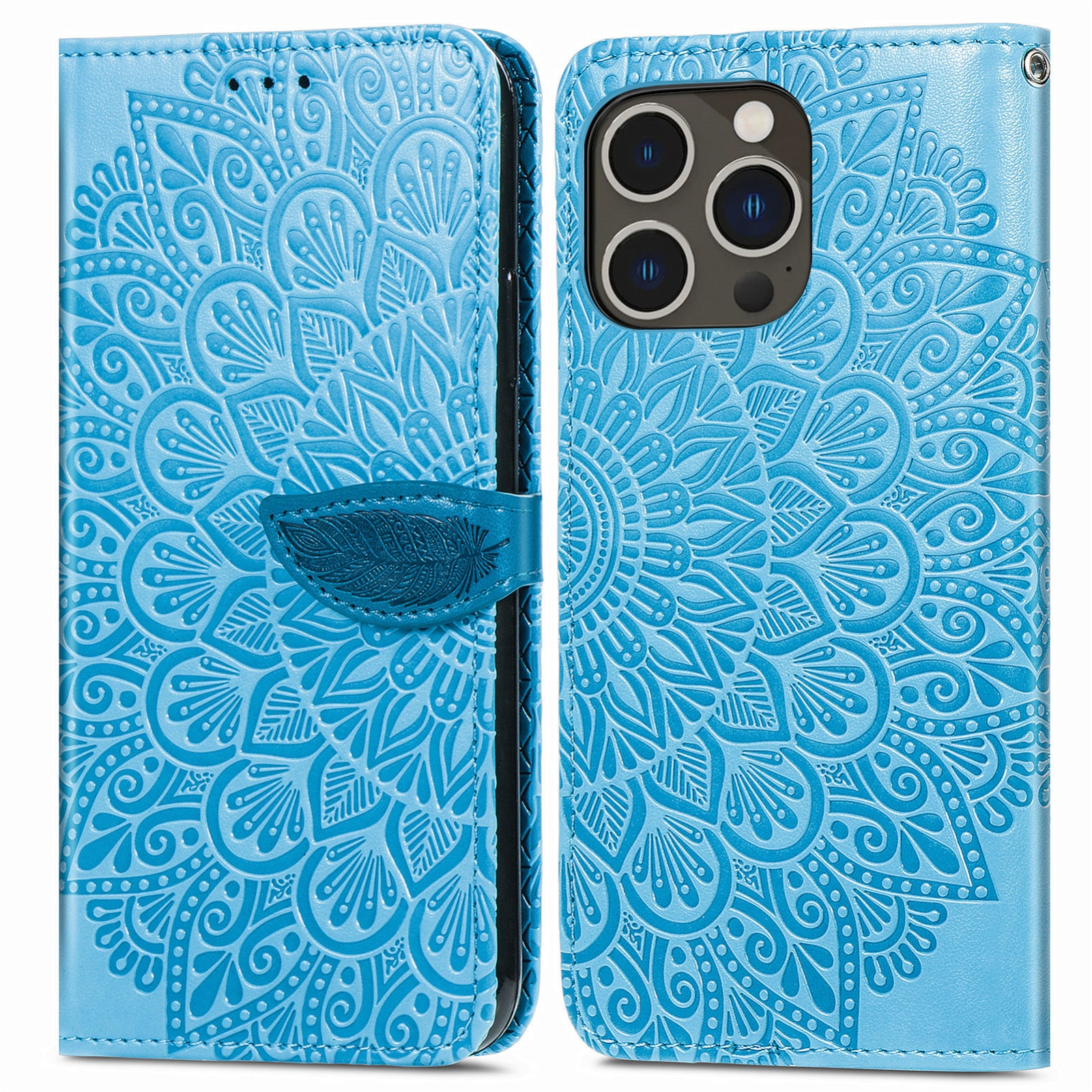 For iPhone 15 Pro Blooming Mandala Embossed Wings Buckle Leather Phone Case(Blue) - Shopkiz.com