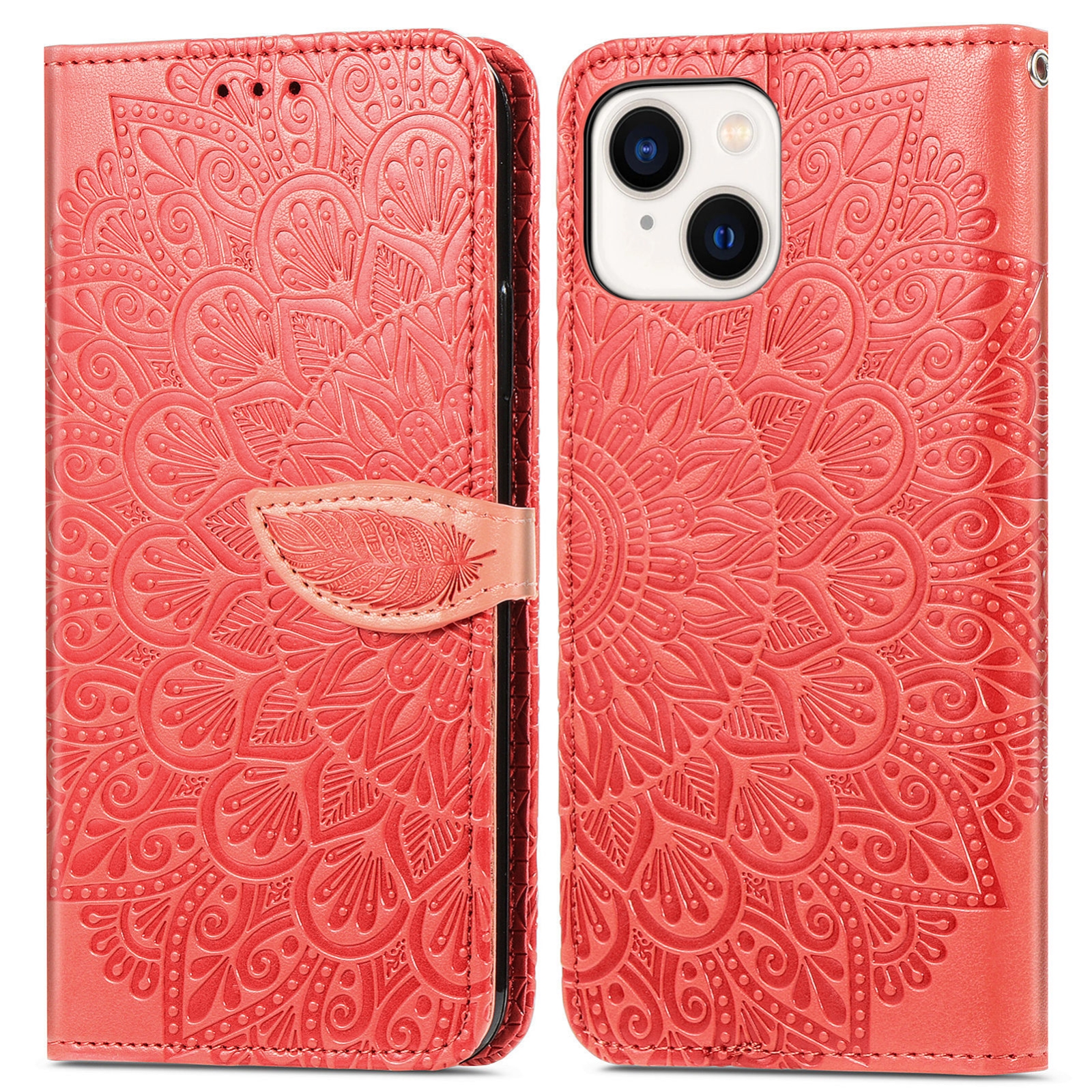 For iPhone 15 Blooming Mandala Embossed Wings Buckle Leather Phone Case(Red) - Shopkiz.com