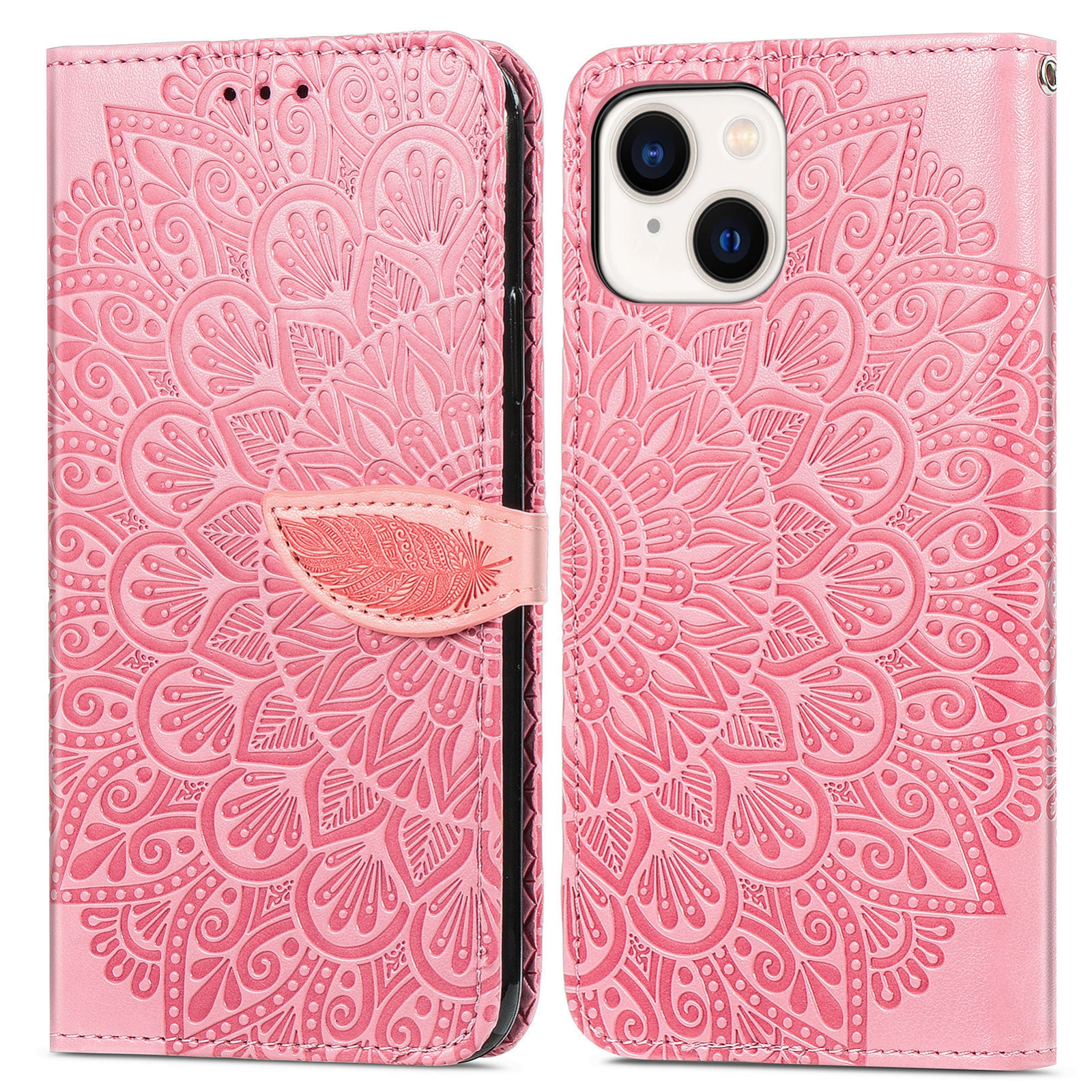 For iPhone 15 Blooming Mandala Embossed Wings Buckle Leather Phone Case(Pink) - Shopkiz.com
