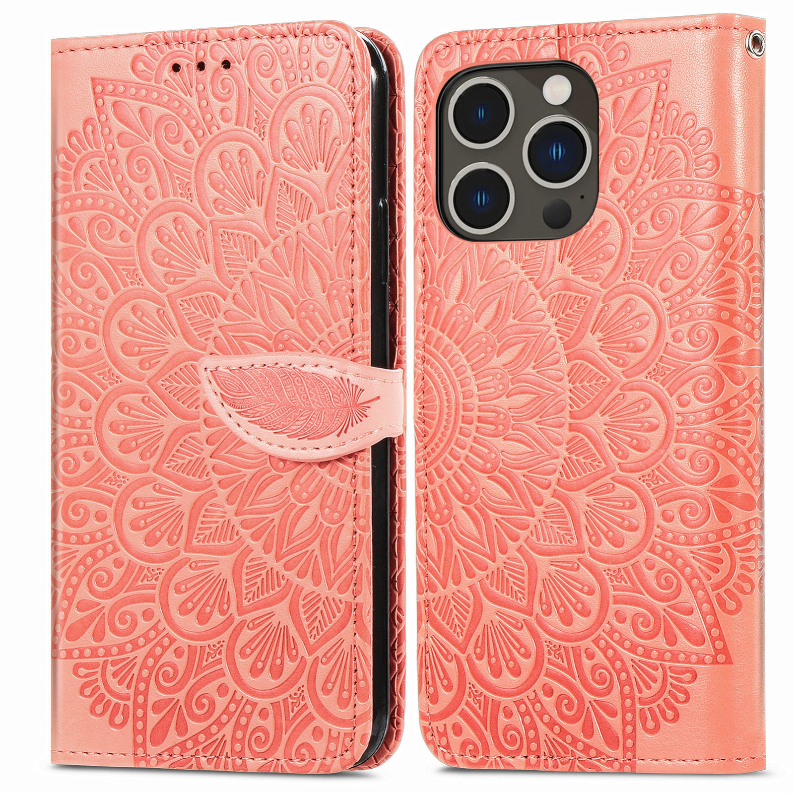 For iPhone 14 Pro Max Blooming Mandala Embossed Wings Buckle Leather Phone Case(Orange) - Shopkiz.com