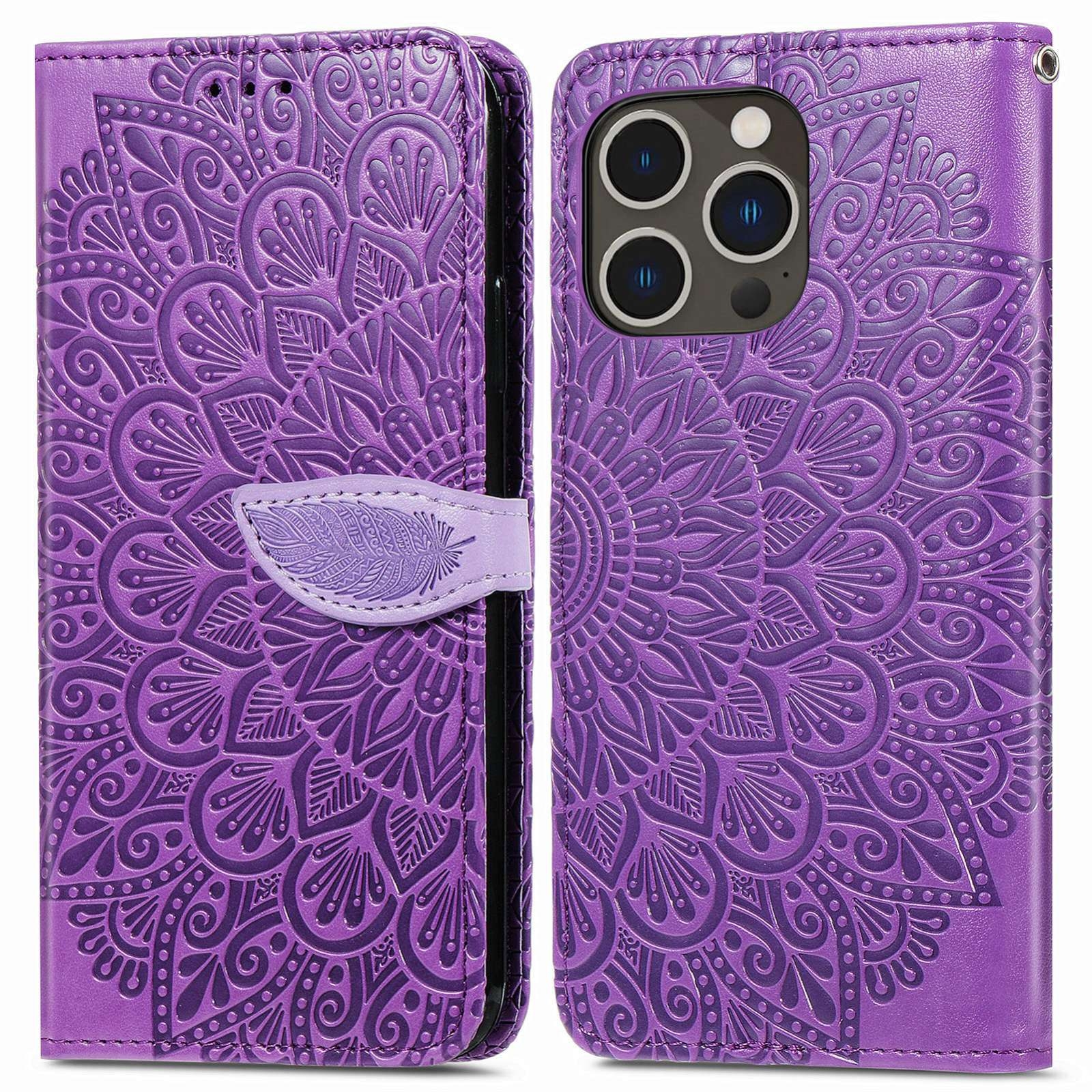 For iPhone 14 Pro Blooming Mandala Embossed Wings Buckle Leather Phone Case(purple) - Shopkiz.com