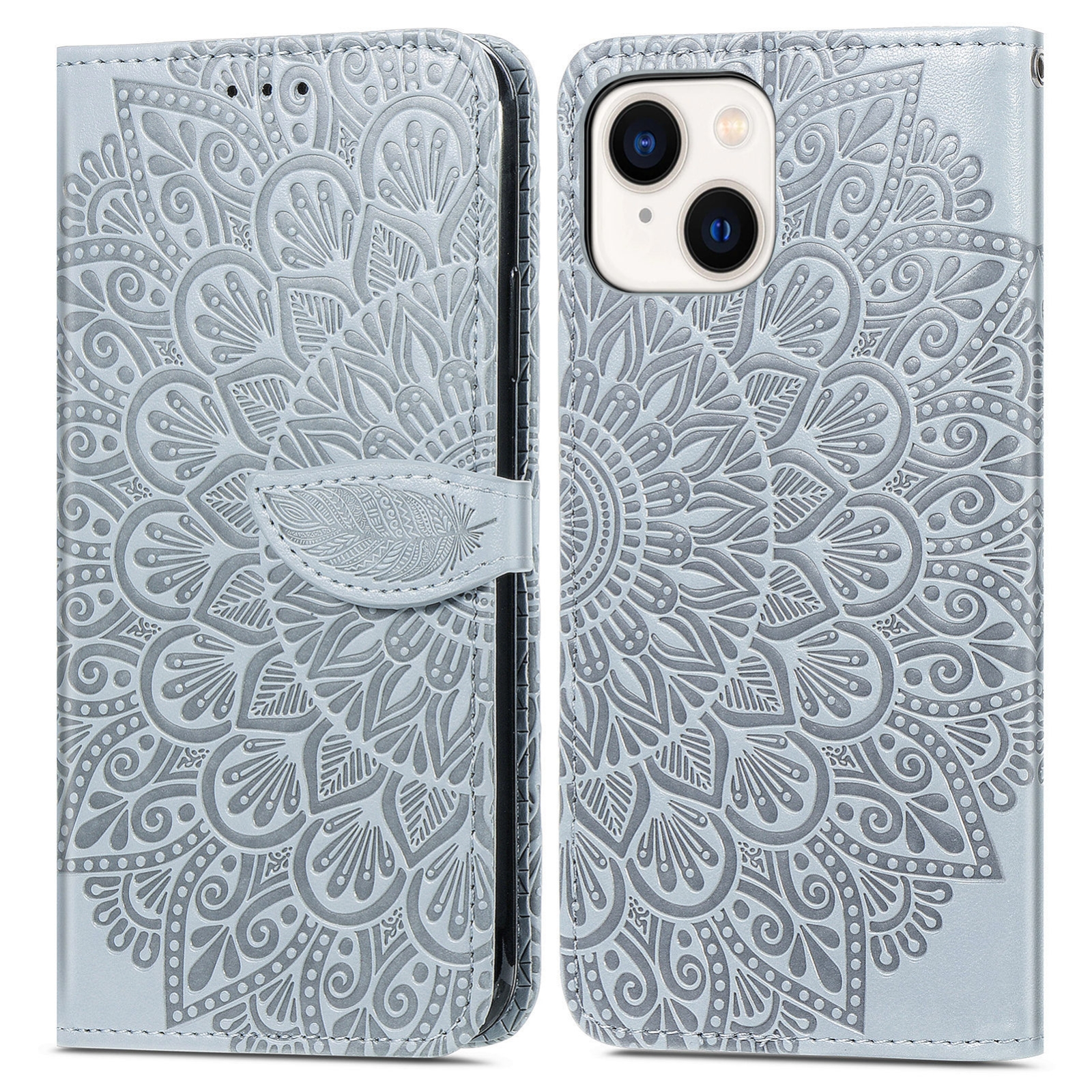 For iPhone 14 Plus Blooming Mandala Embossed Wings Buckle Leather Phone Case(Grey) - Shopkiz.com