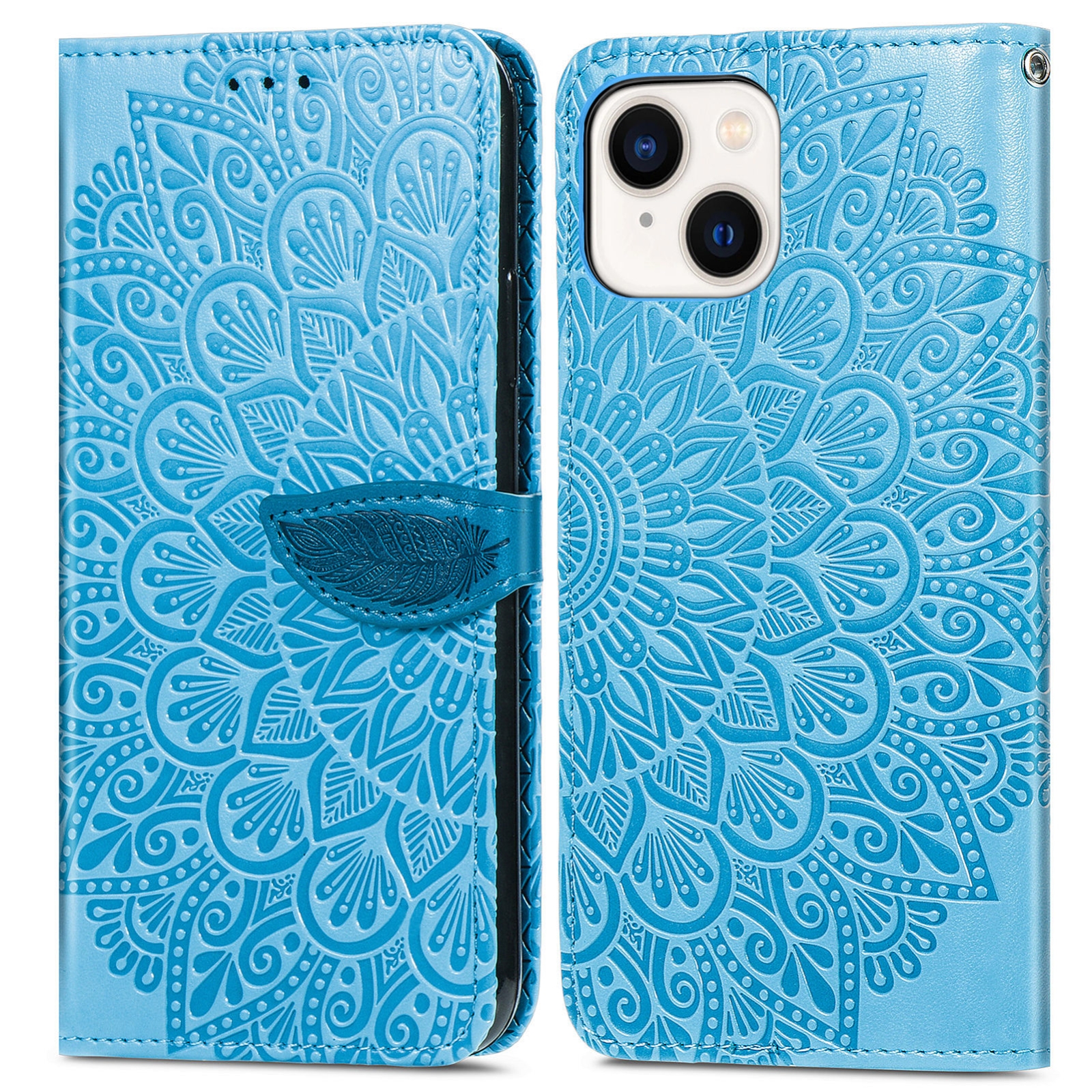 For iPhone 14 Blooming Mandala Embossed Wings Buckle Leather Phone Case(Blue) - Shopkiz.com