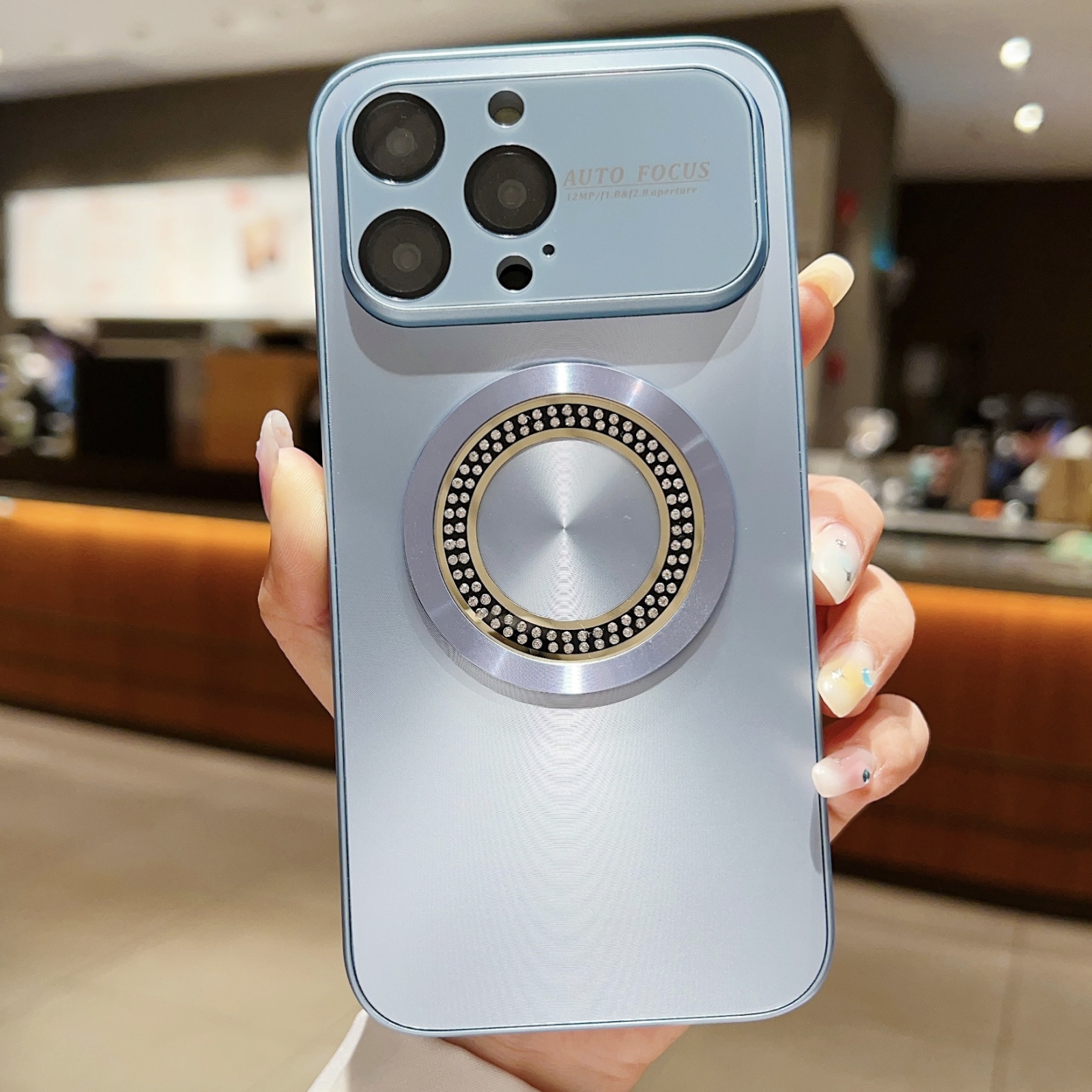For iPhone 14 Pro Large Window Diamond Magnifier Magnetic Phone Case(Sierra Blue) - Shopkiz.com