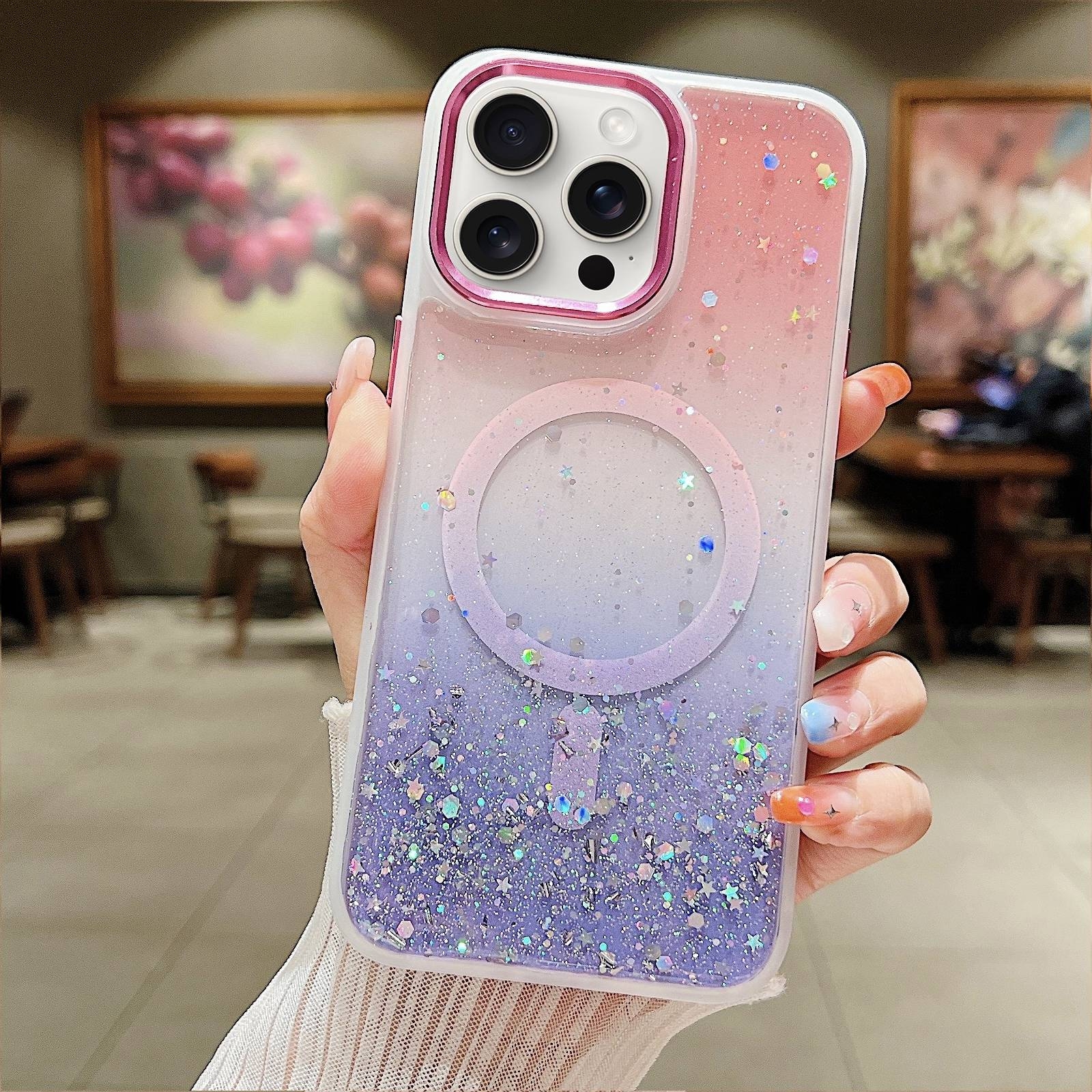 For iPhone 15 Pro Max Multicolor Gradient Glitter Sequin MagSafe TPU Phone Case(Pink+Purple) - Shopkiz.com