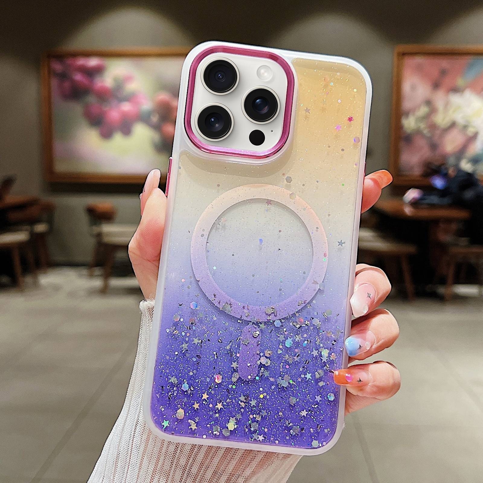 For iPhone 15 Pro Max Multicolor Gradient Glitter Sequin MagSafe TPU Phone Case(Orange+Purple) - Shopkiz.com