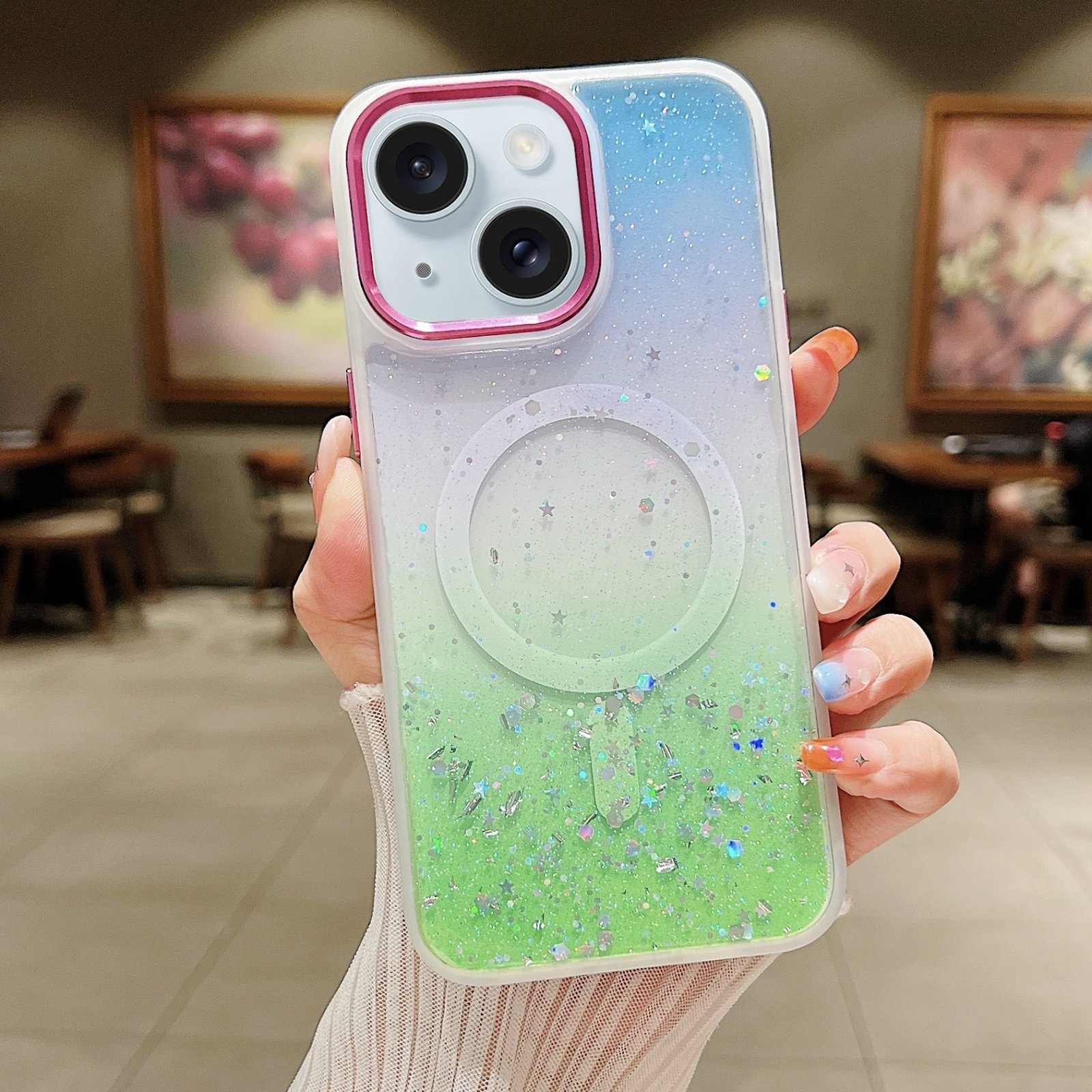 For iPhone 15 Plus Multicolor Gradient Glitter Sequin MagSafe TPU Phone Case(Blue+Vert Anis) - Shopkiz.com
