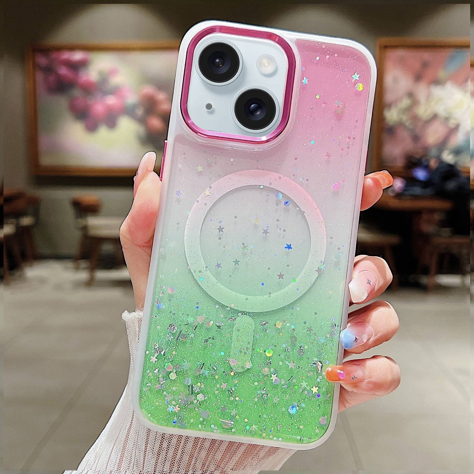 For iPhone 15 Plus Multicolor Gradient Glitter Sequin MagSafe TPU Phone Case(Pink+Vert Anis) - Shopkiz.com