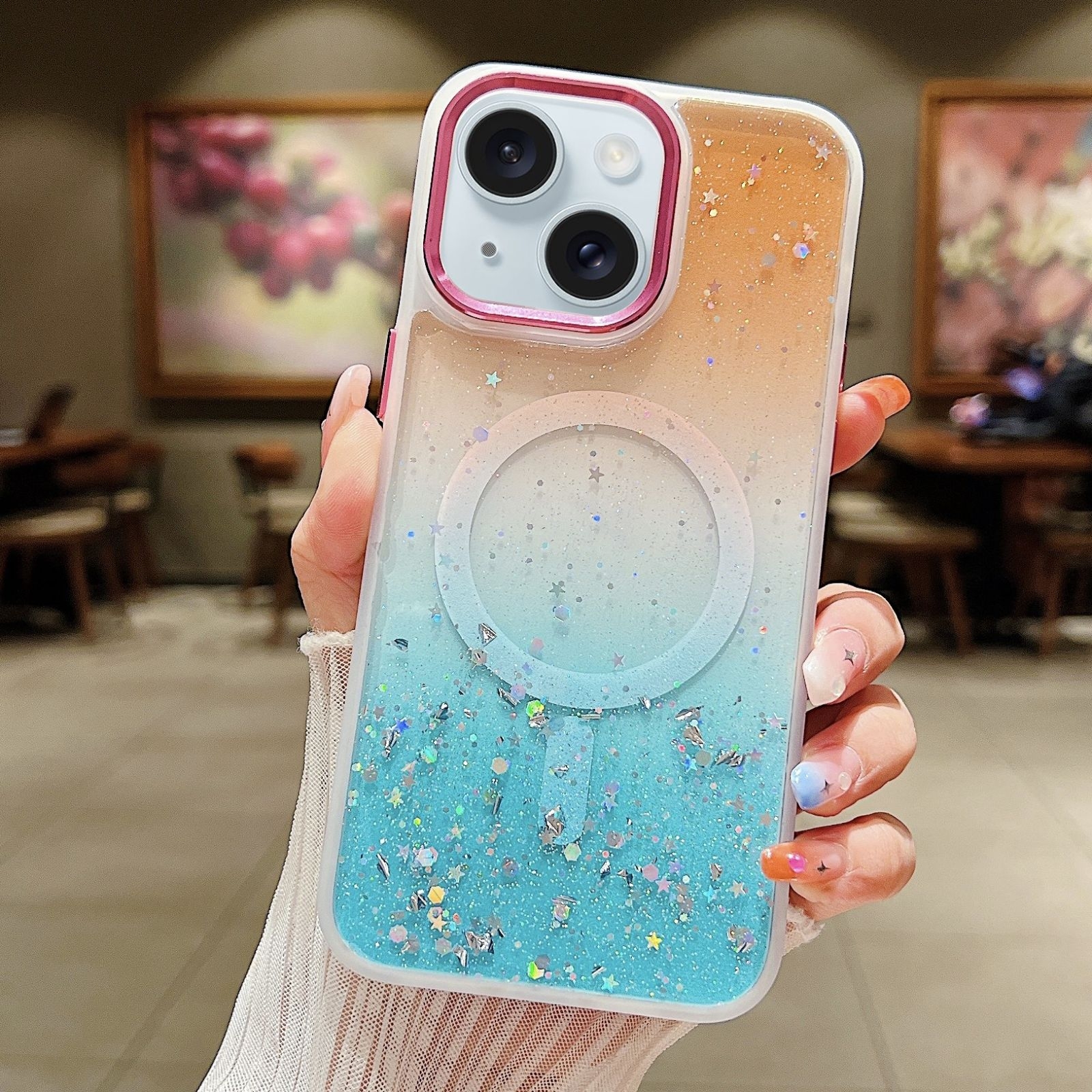 For iPhone 15 Multicolor Gradient Glitter Sequin MagSafe TPU Phone Case(Orange+Green) - Shopkiz.com