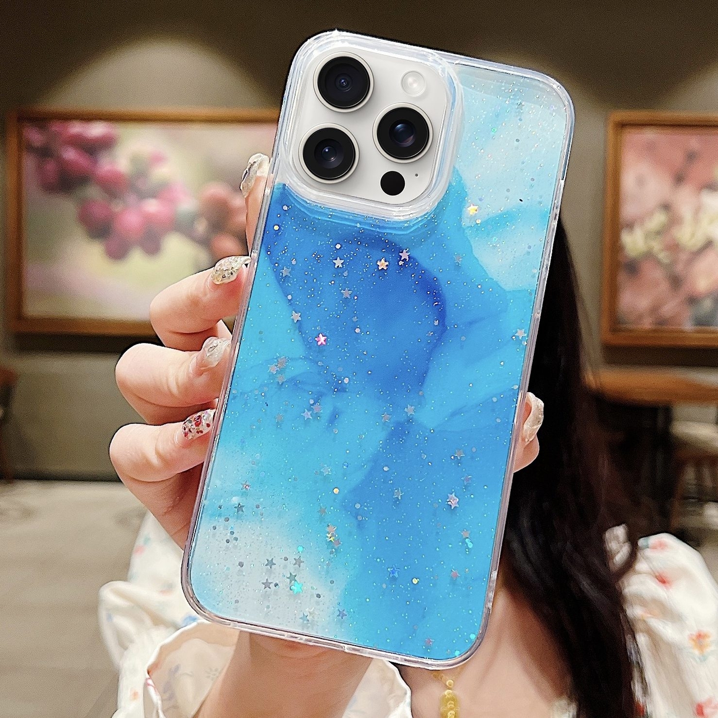 For iPhone 15 Pro Ink Smudged Glitter TPU Phone Case(Blue) - Shopkiz.com