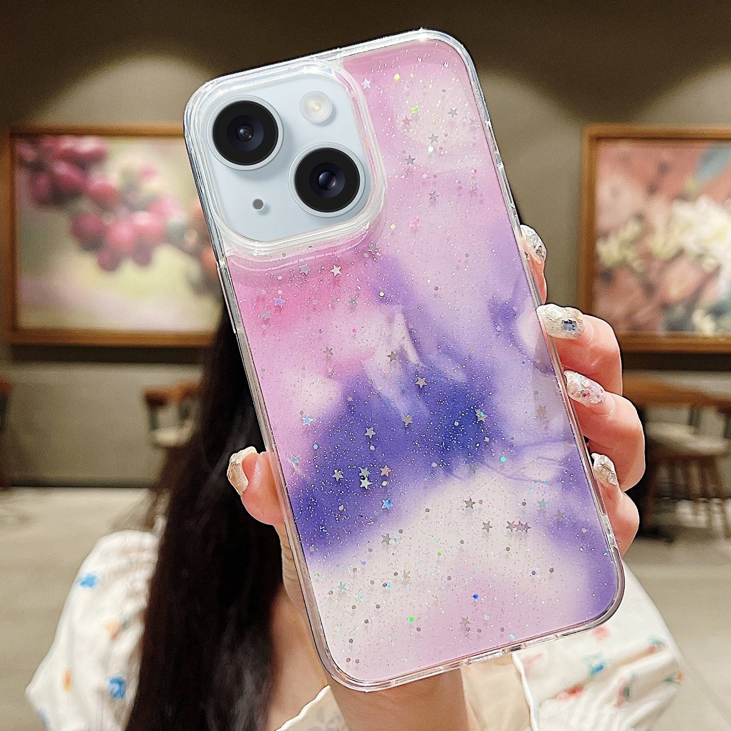 For iPhone 15 Ink Smudged Glitter TPU Phone Case(Purple) - Shopkiz.com