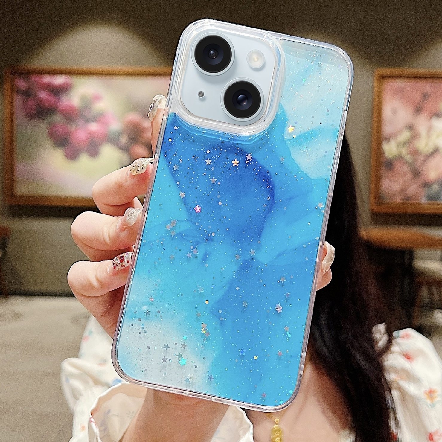 For iPhone 15 Ink Smudged Glitter TPU Phone Case(Blue) - Shopkiz.com