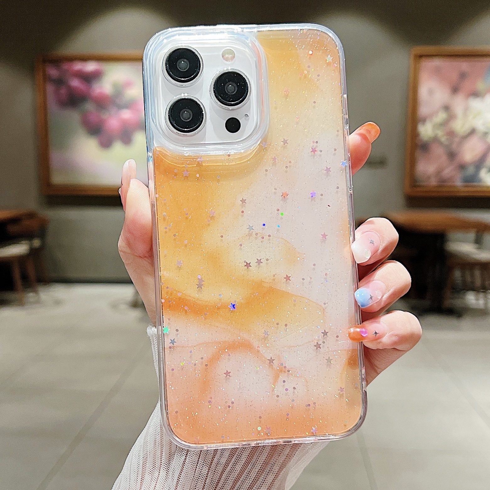 For iPhone 14 Pro Max Ink Smudged Glitter TPU Phone Case(Yellow) - Shopkiz.com