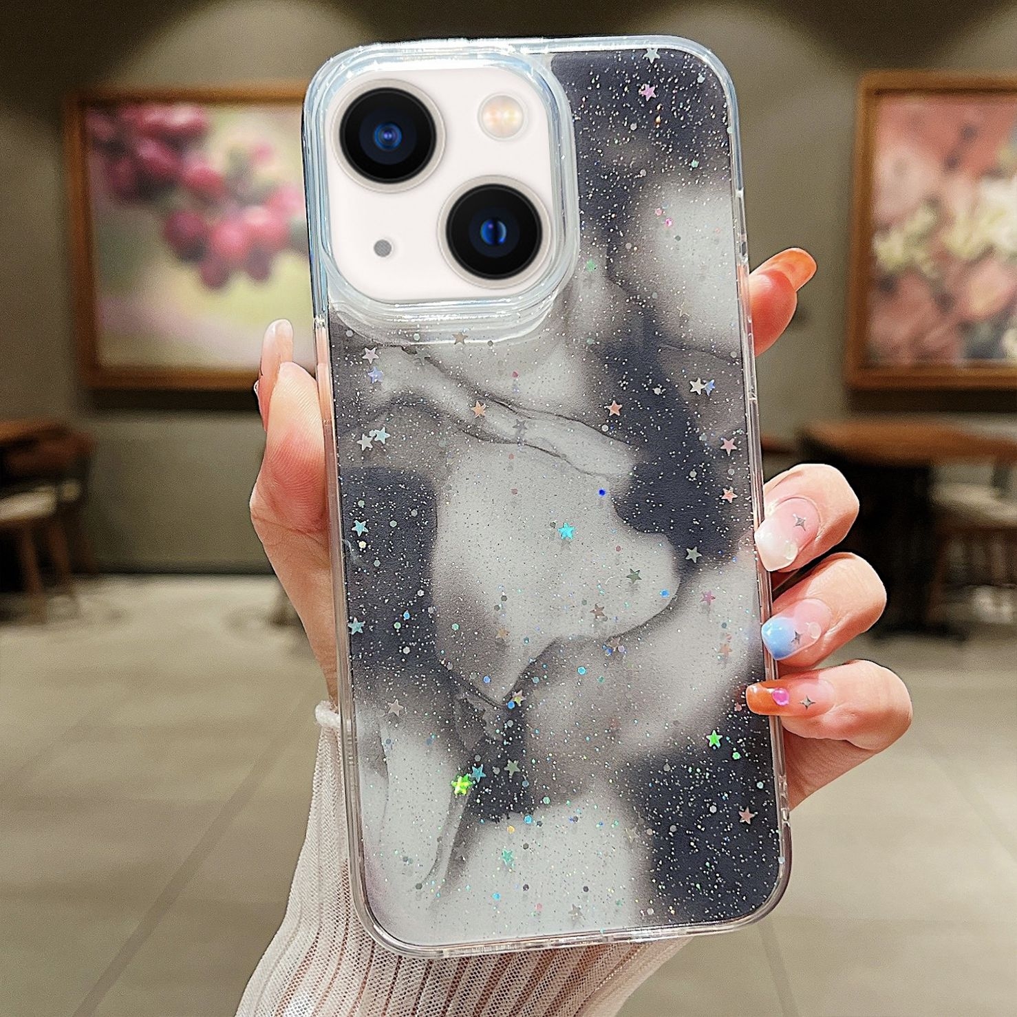 For iPhone 13 Ink Smudged Glitter TPU Phone Case(Black) - Shopkiz.com