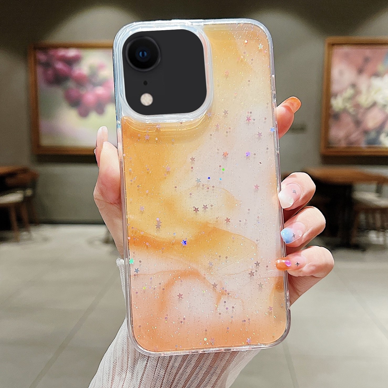 For iPhone XR Ink Smudged Glitter TPU Phone Case(Yellow) - Shopkiz.com