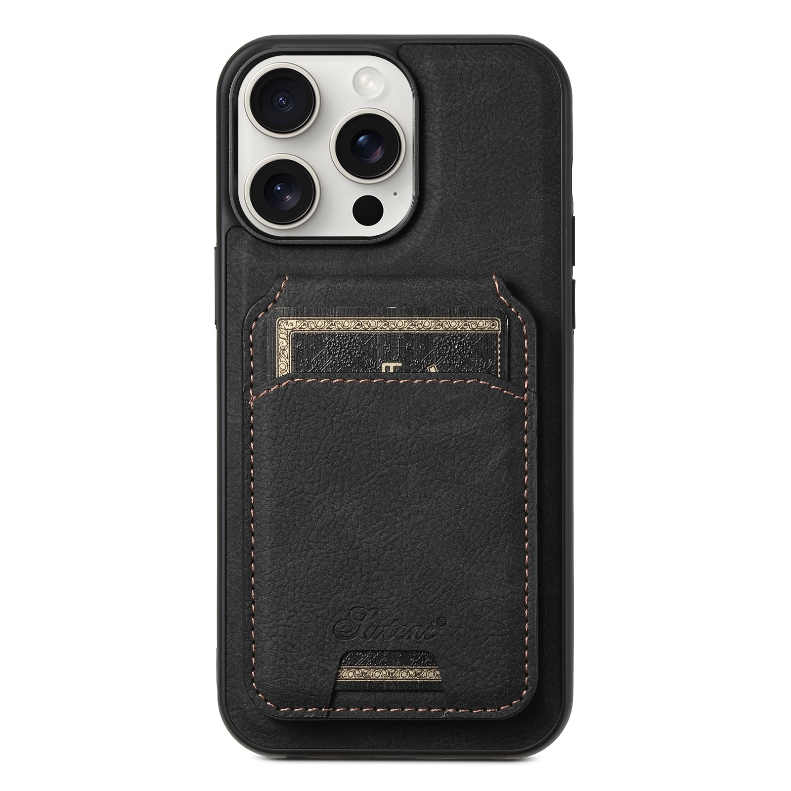 For iPhone 15 Pro Max Suteni H16 Litchi Texture Leather Detachable Wallet Back Phone Case(Black) - Shopkiz.com