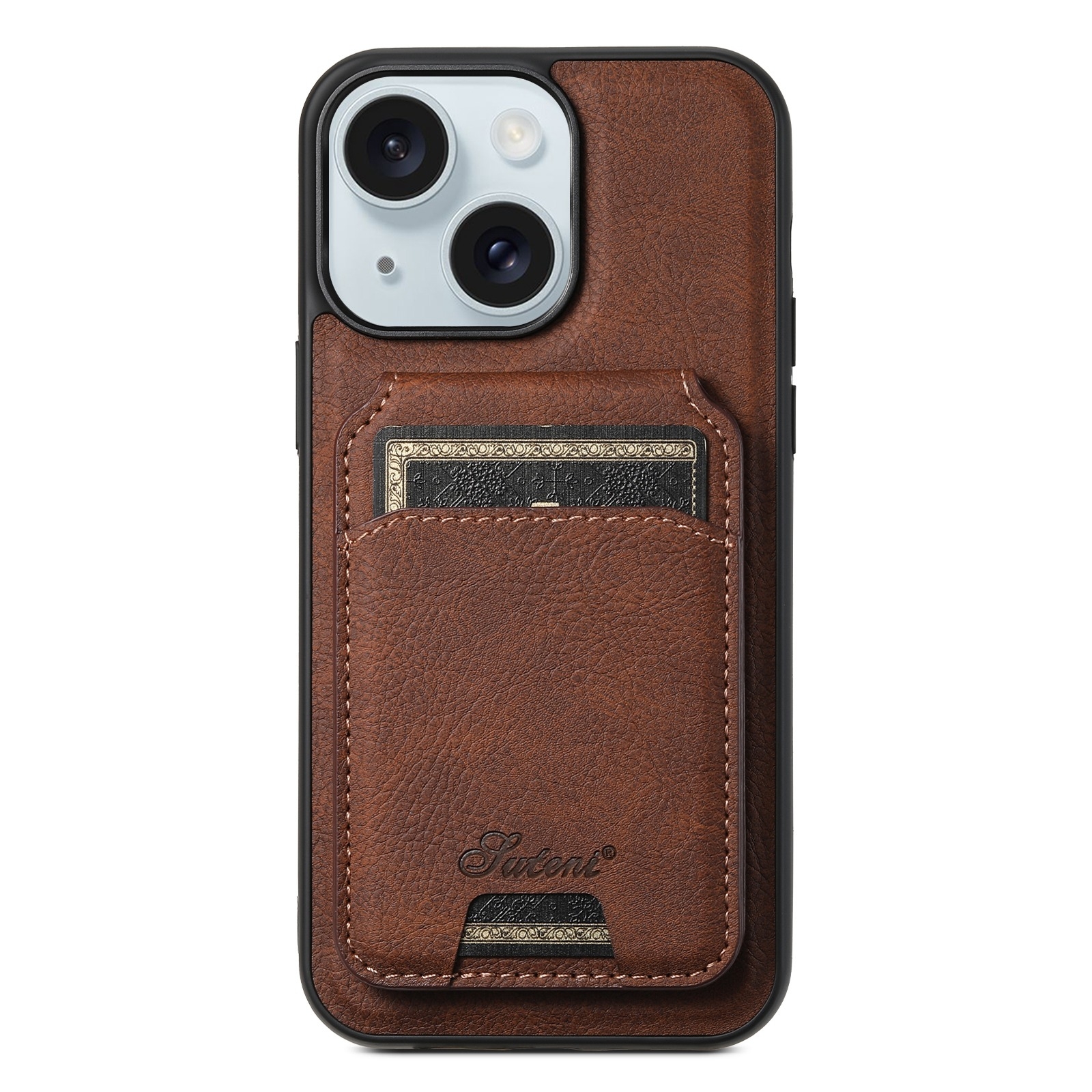 For iPhone 15 Plus Suteni H16 Litchi Texture Leather Detachable Wallet Back Phone Case(Brown) - Shopkiz.com