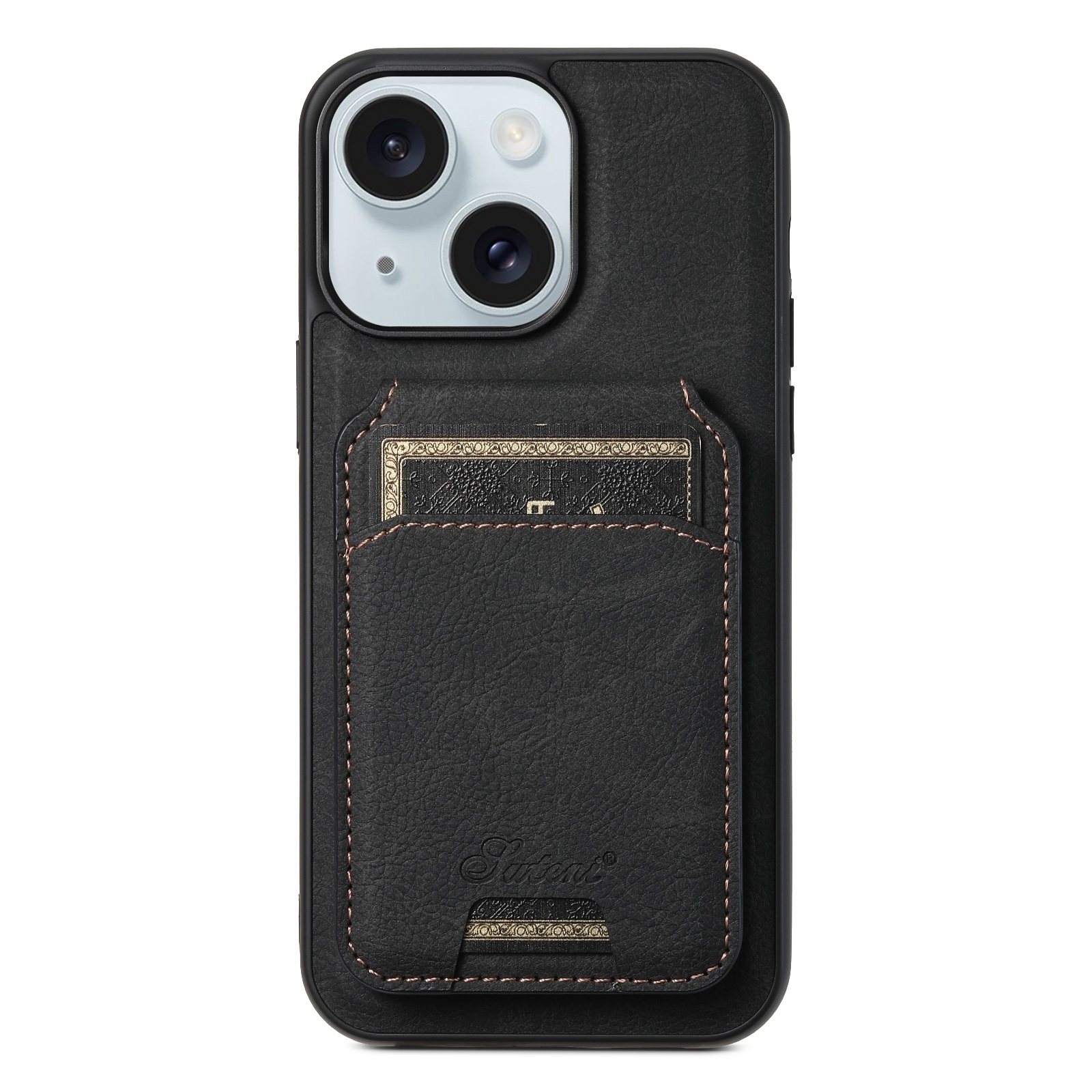 For iPhone 15 Suteni H16 Litchi Texture Leather Detachable Wallet Back Phone Case(Black) - Shopkiz.com