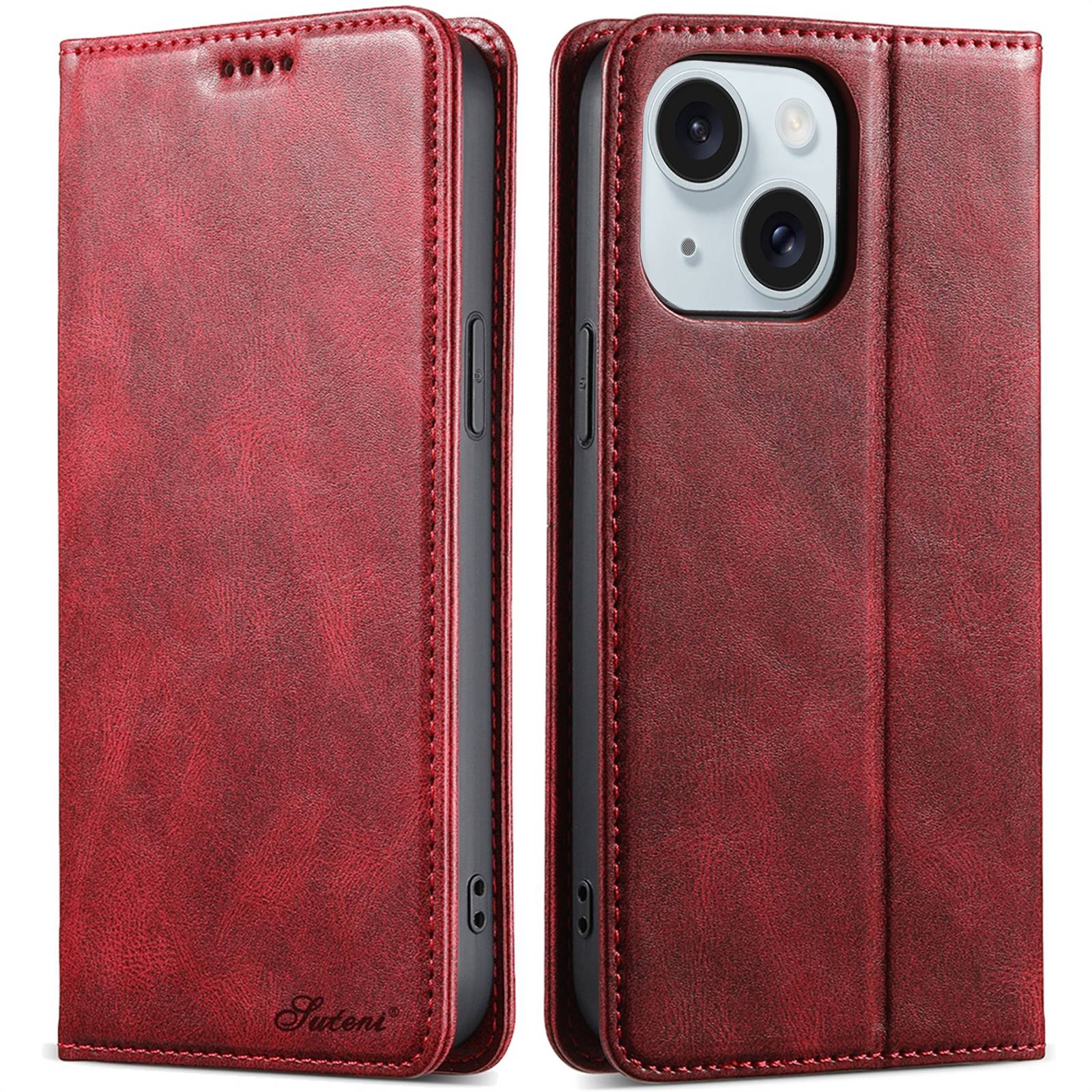 For iPhone 15 Plus Suteni J02 Oil Wax Wallet Leather Phone Case(Red) - Shopkiz.com