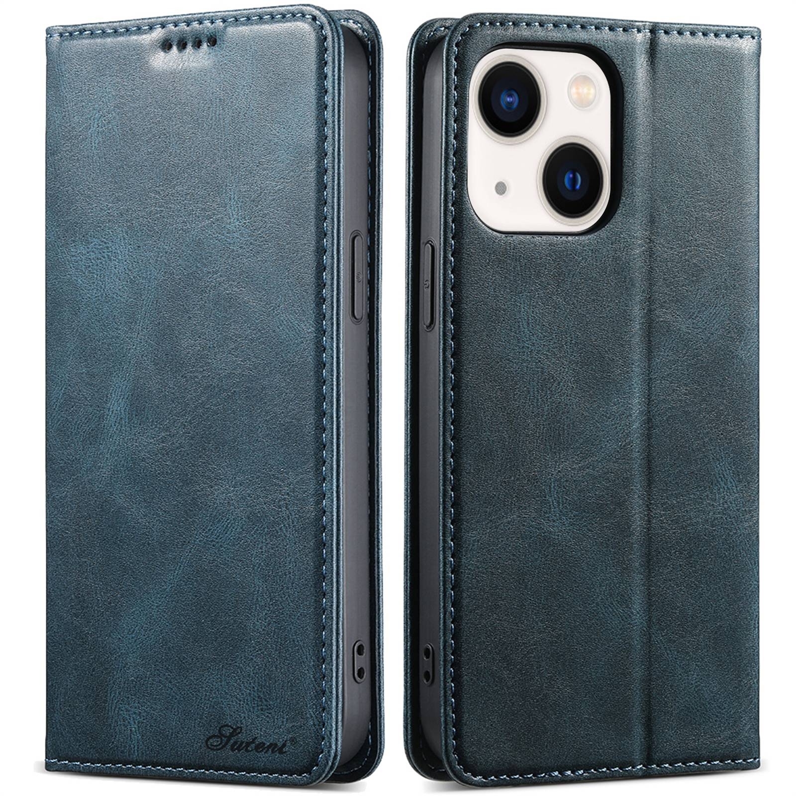 For iPhone 13 Suteni J02 Oil Wax Wallet Leather Phone Case(Blue) - Shopkiz.com