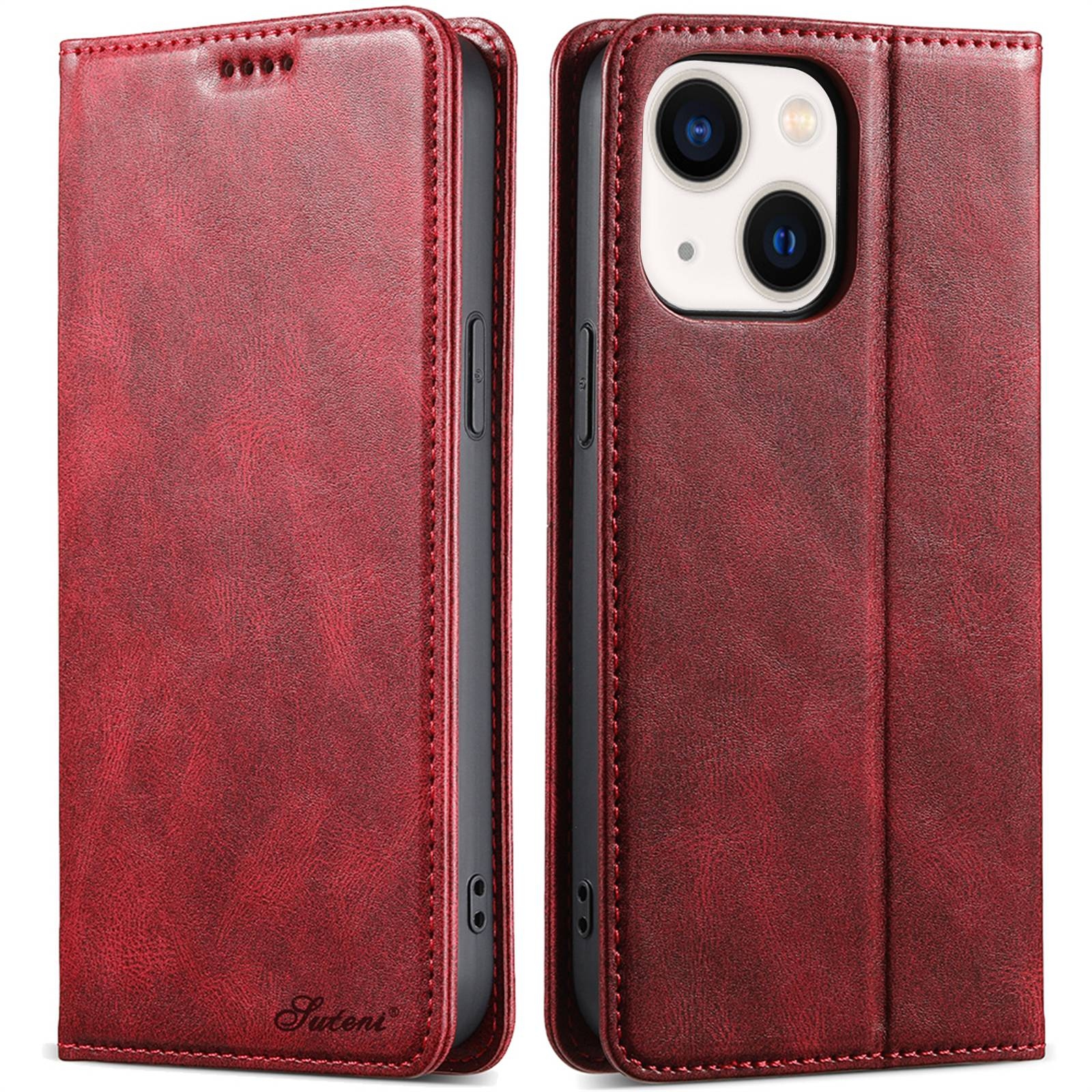 For iPhone 14 Suteni J02 Oil Wax Wallet Leather Phone Case(Red) - Shopkiz.com