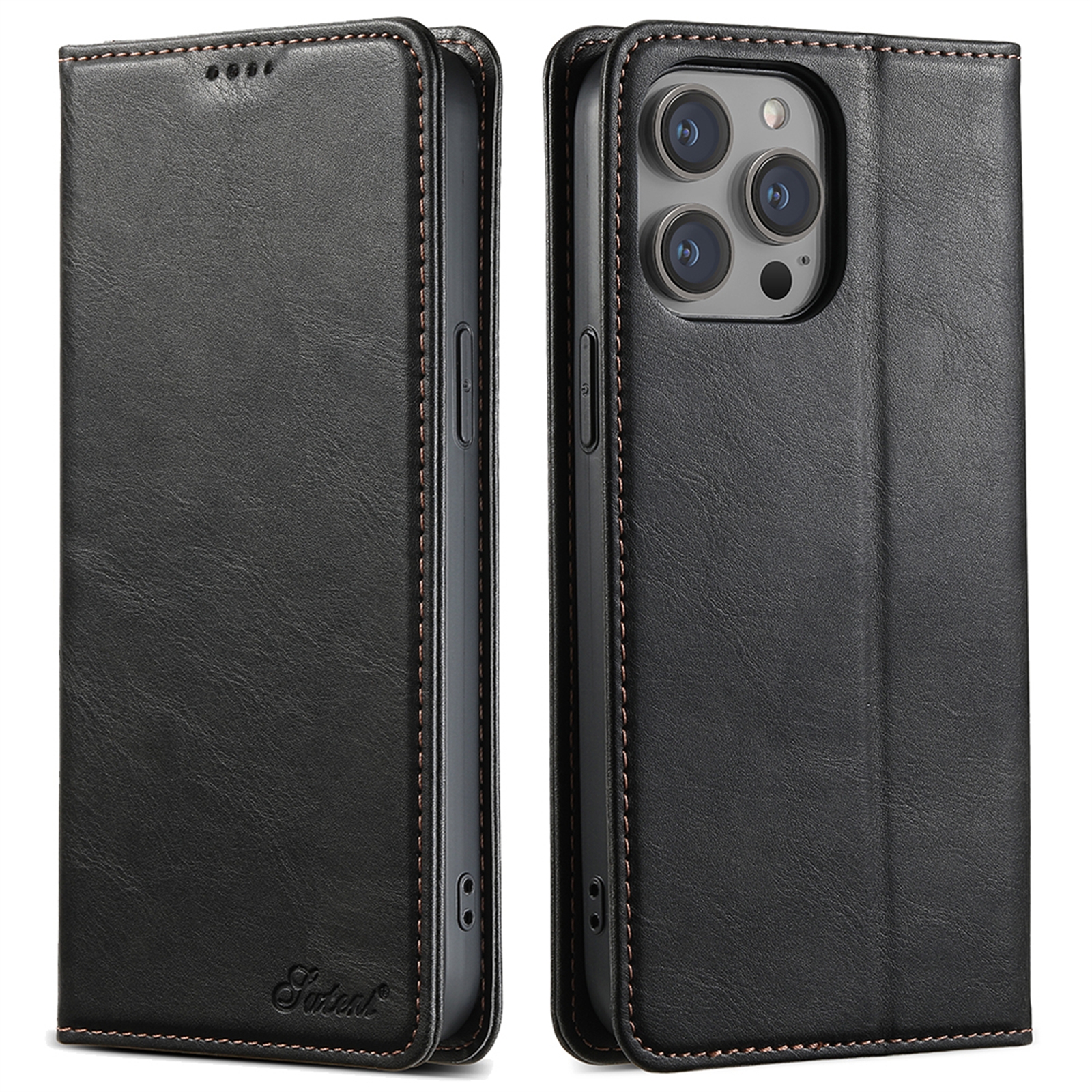 For iPhone 14 Pro Max Suteni J02 Oil Wax Wallet Leather Phone Case(Black) - Shopkiz.com
