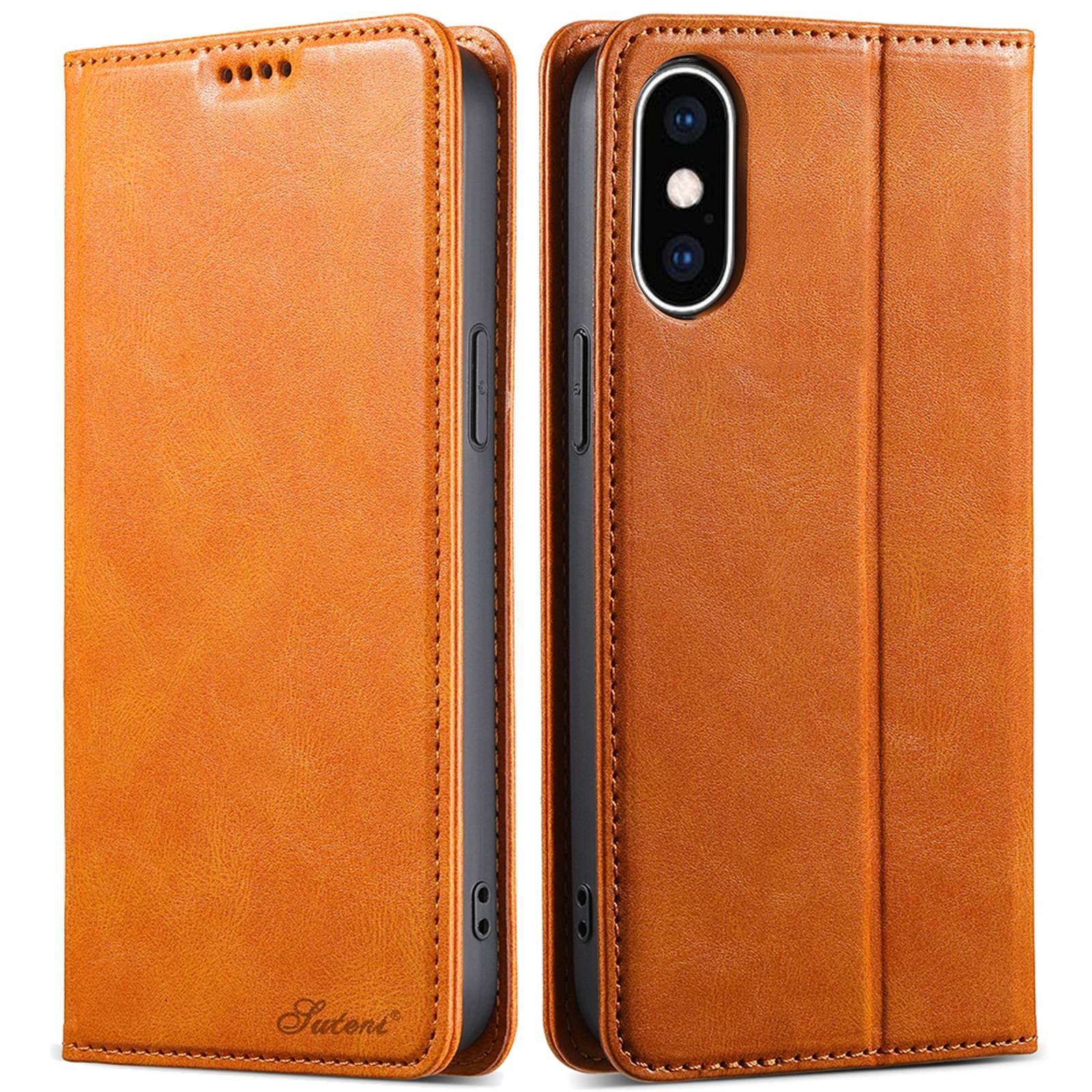 For iPhone X / XS Suteni J02 Oil Wax Wallet Leather Phone Case(Khaki) - Shopkiz.com