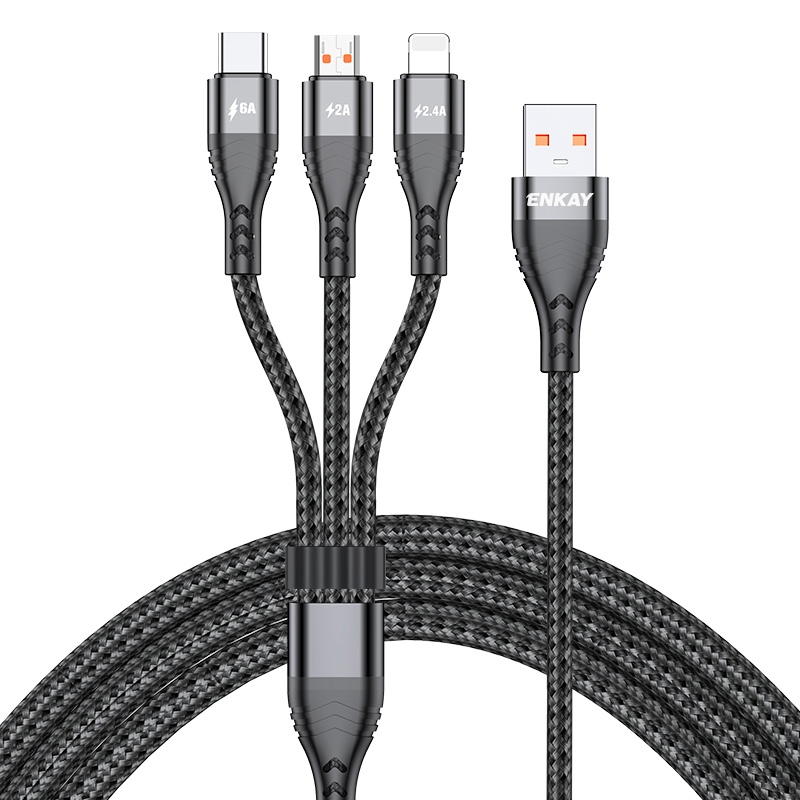 ENKAY 3-in-1 6A USB to Type-C / 8 Pin / Micro USB Multifunction Fast Charging Cable, Cable Length:2m(Black) - Shopkiz.com