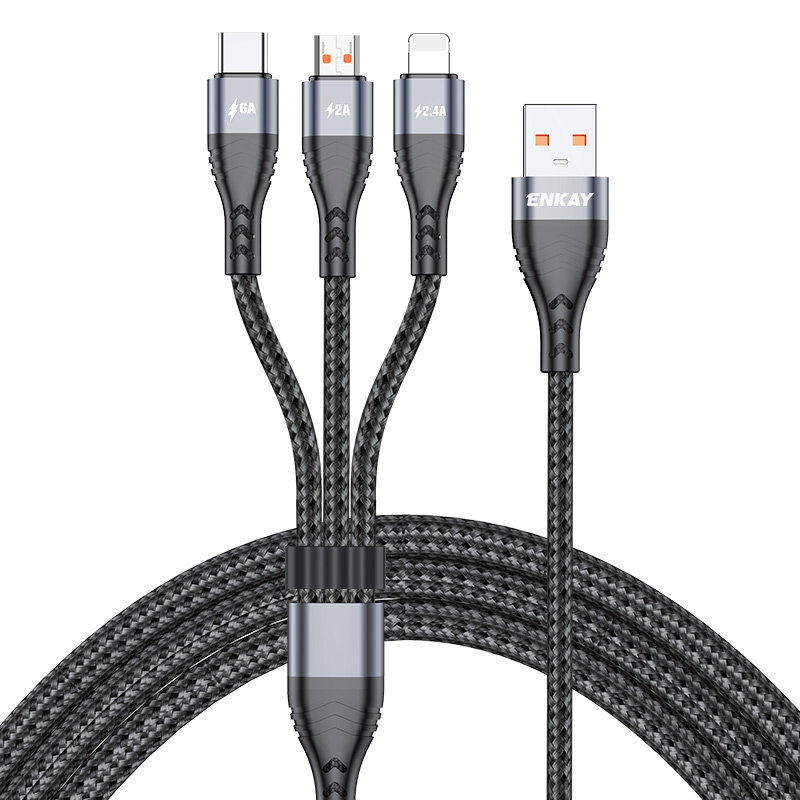 ENKAY 3-in-1 6A USB to Type-C / 8 Pin / Micro USB Multifunction Fast Charging Cable, Cable Length:2m(Grey) - Shopkiz.com