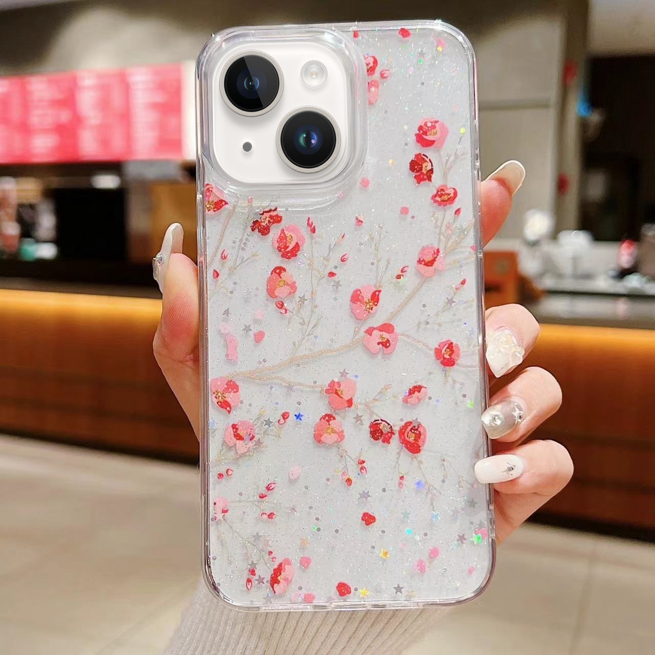 For iPhone 14 Spring Garden Epoxy TPU Phone Case(F03 Red Plum) - Shopkiz.com
