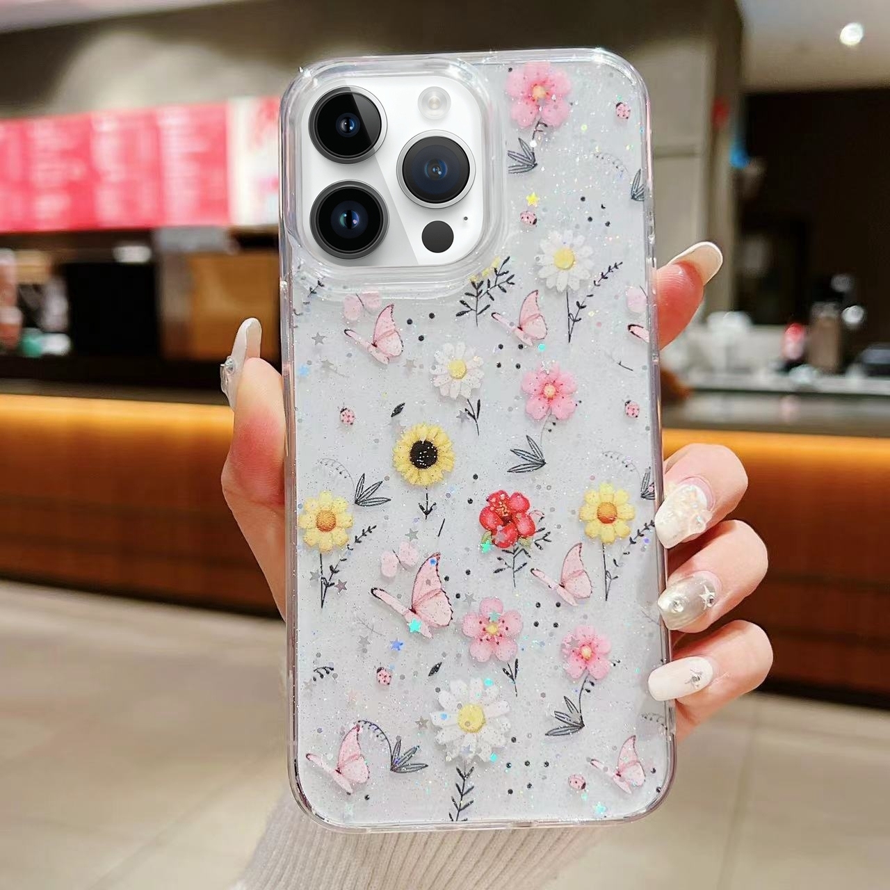 For iPhone 14 Pro Max Spring Garden Epoxy TPU Phone Case(F01 Love of Butterfly) - Shopkiz.com