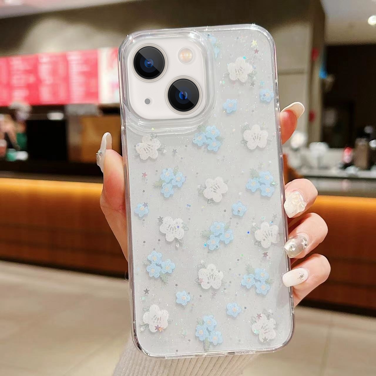 For iPhone 13 Spring Garden Epoxy TPU Phone Case(F06 Blue and White Flowers) - Shopkiz.com