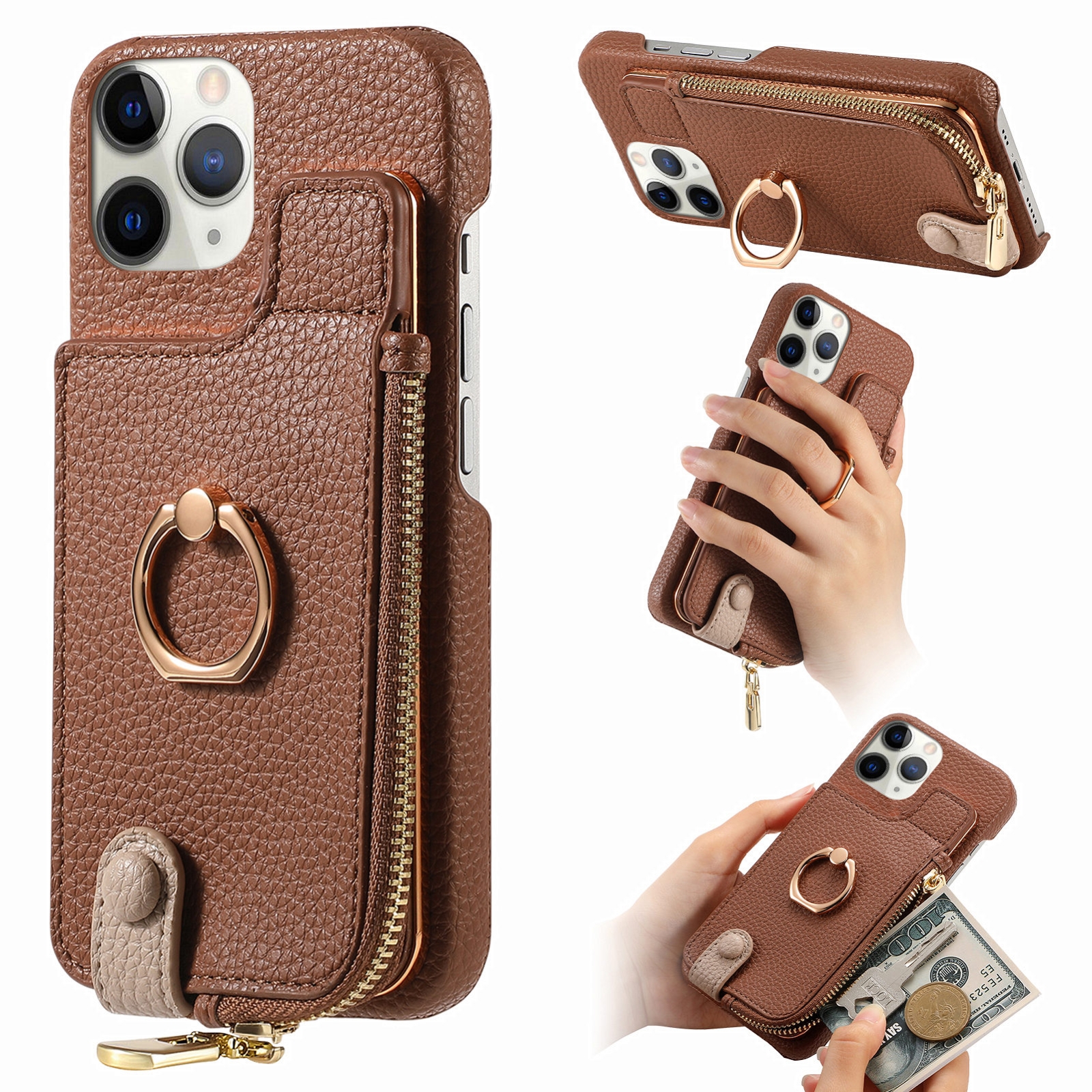 For iPhone 11 Pro Max Litchi Leather Oil Edge Ring Zipper Wallet Back Phone Case(Brown) - Shopkiz.com