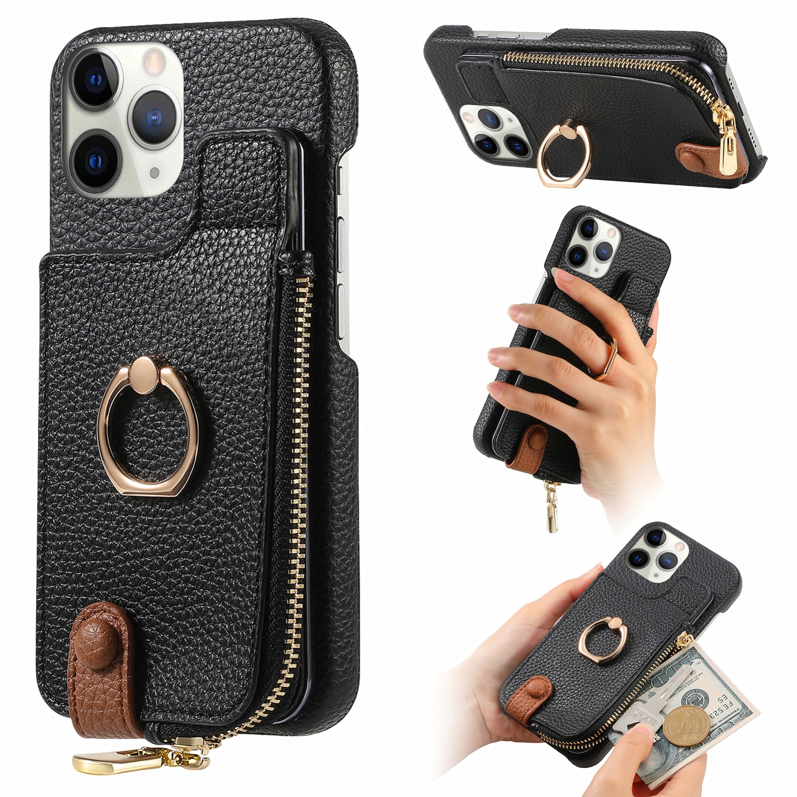 For iPhone 11 Pro Max Litchi Leather Oil Edge Ring Zipper Wallet Back Phone Case(Black) - Shopkiz.com
