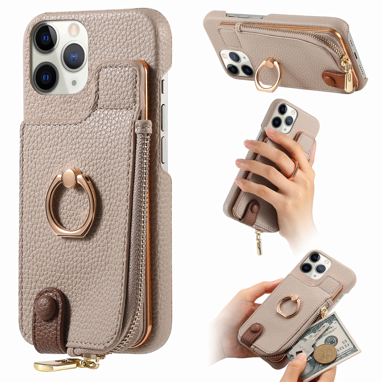 For iPhone 11 Pro Max Litchi Leather Oil Edge Ring Zipper Wallet Back Phone Case(Khaki) - Shopkiz.com