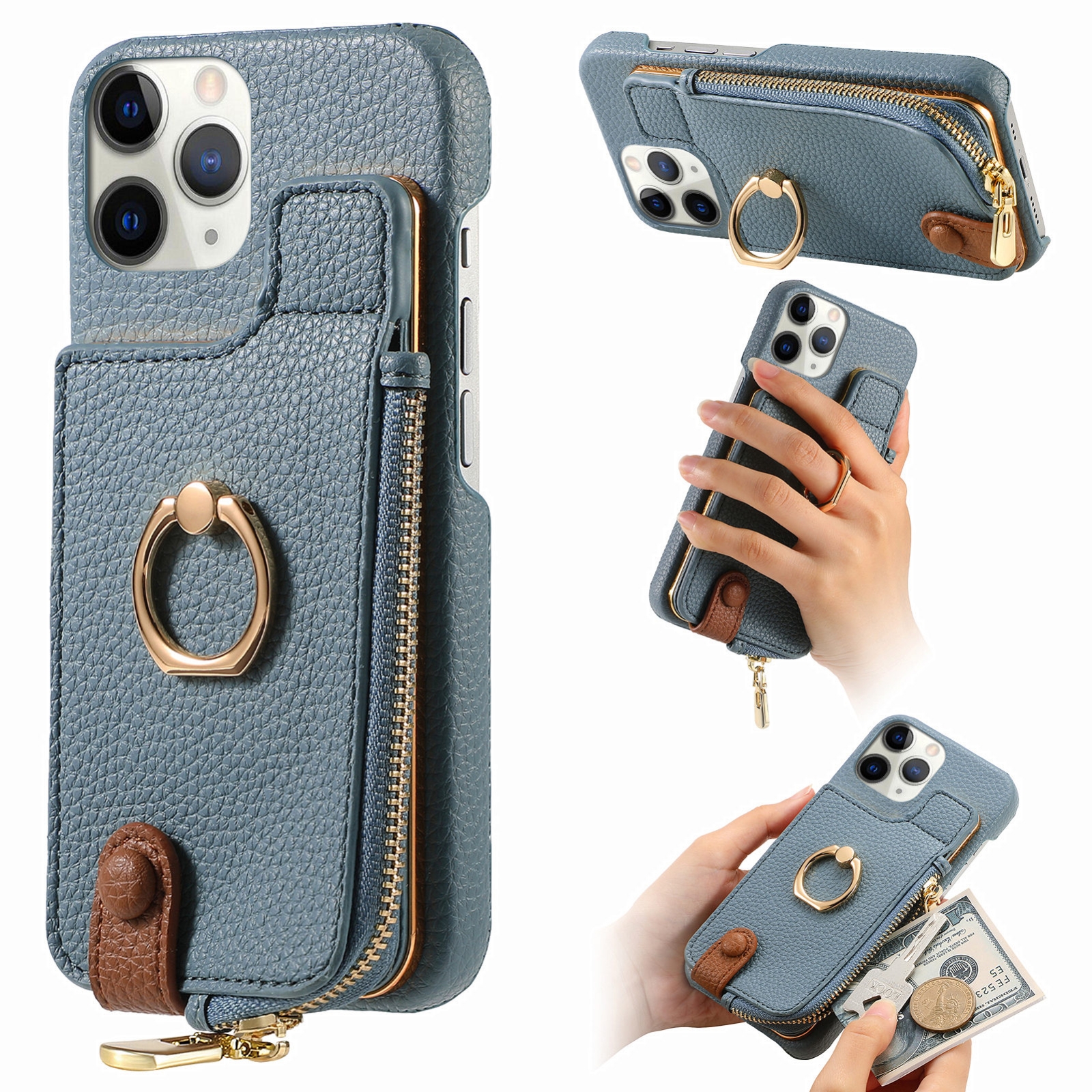 For iPhone 11 Pro Litchi Leather Oil Edge Ring Zipper Wallet Back Phone Case(Light Blue) - Shopkiz.com