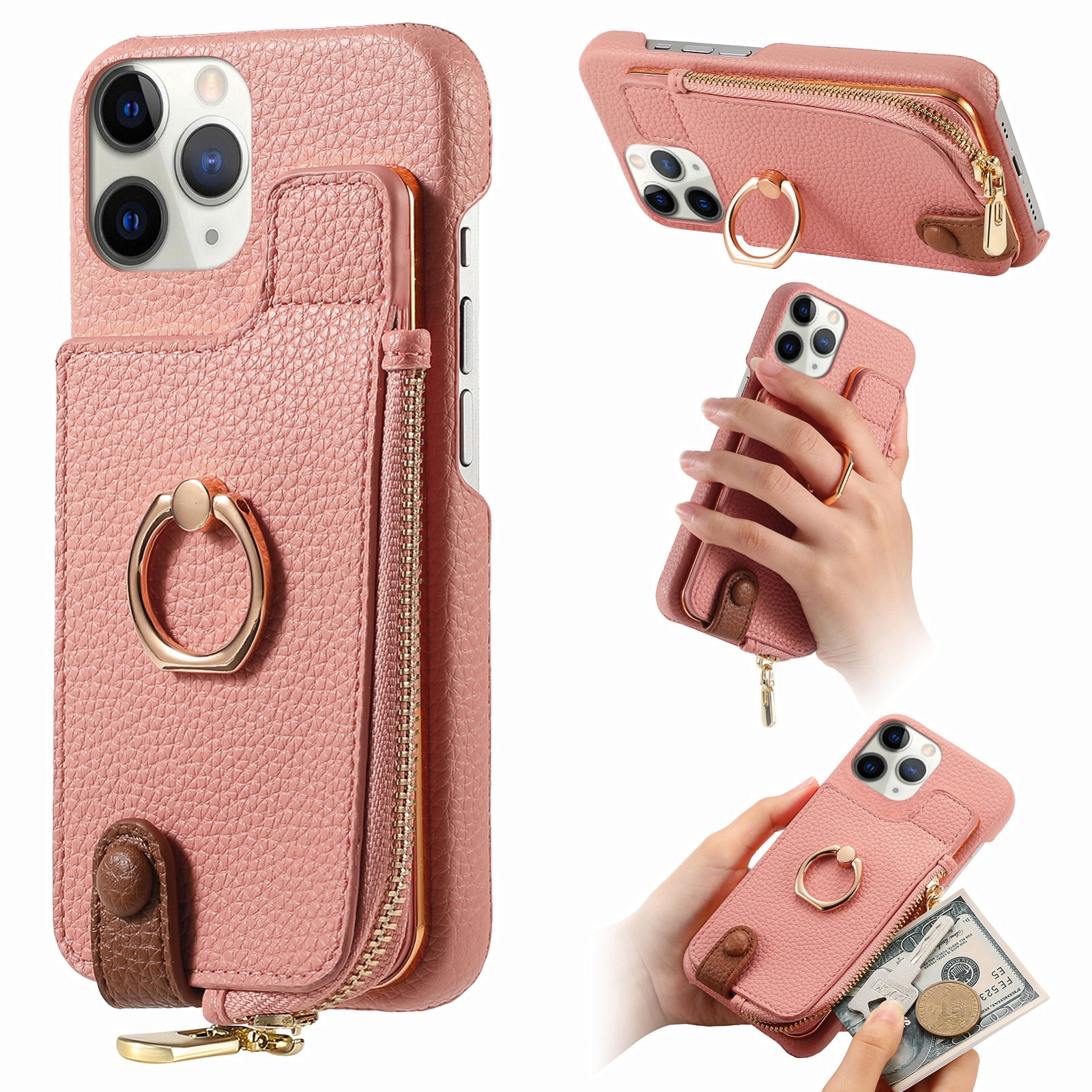 For iPhone 11 Pro Litchi Leather Oil Edge Ring Zipper Wallet Back Phone Case(Pink) - Shopkiz.com