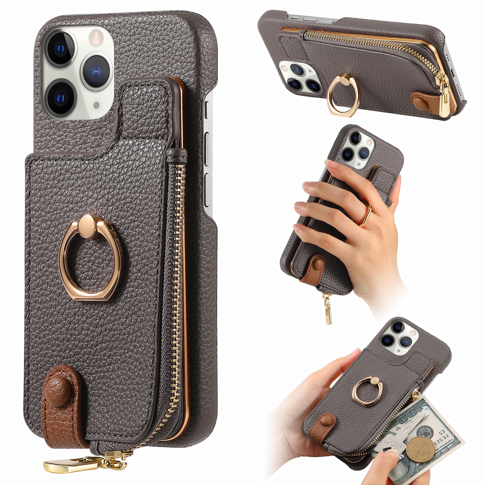 For iPhone 11 Pro Litchi Leather Oil Edge Ring Zipper Wallet Back Phone Case(Grey) - Shopkiz.com