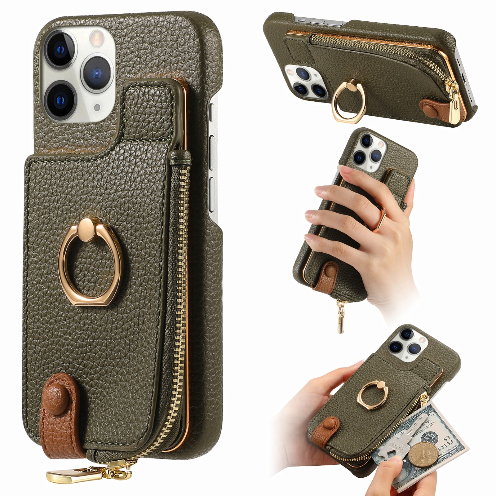 For iPhone 11 Pro Litchi Leather Oil Edge Ring Zipper Wallet Back Phone Case(Green) - Shopkiz.com