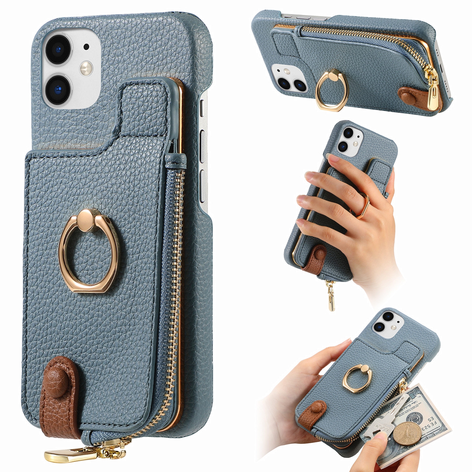 For iPhone 11 Litchi Leather Oil Edge Ring Zipper Wallet Back Phone Case(Light Blue) - Shopkiz.com