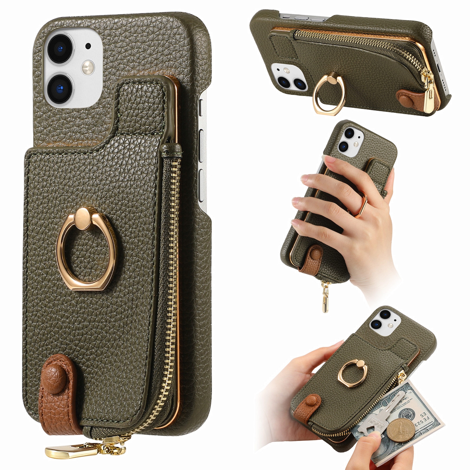 For iPhone 11 Litchi Leather Oil Edge Ring Zipper Wallet Back Phone Case(Green) - Shopkiz.com