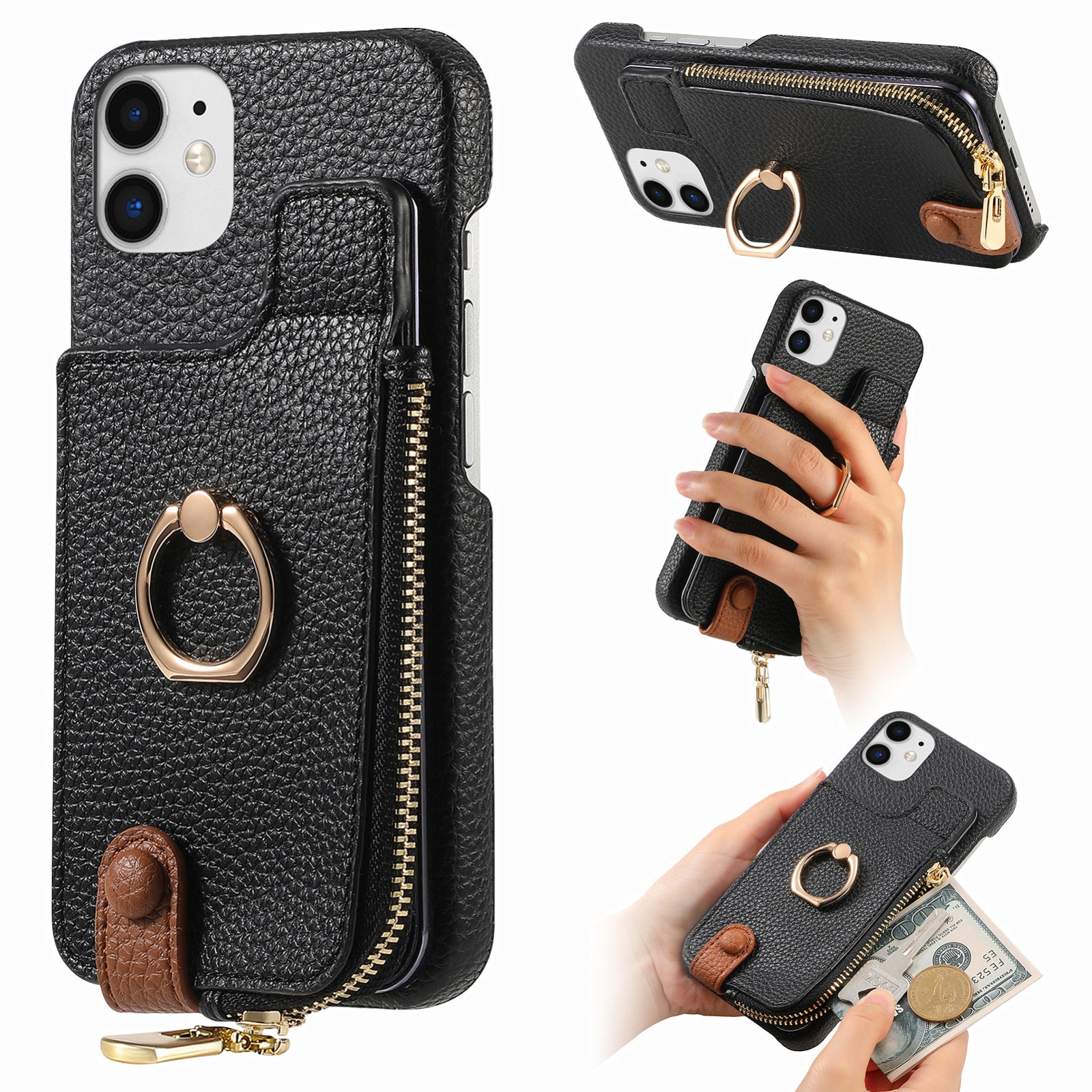 For iPhone 12 mini Litchi Leather Oil Edge Ring Zipper Wallet Back Phone Case(Black) - Shopkiz.com