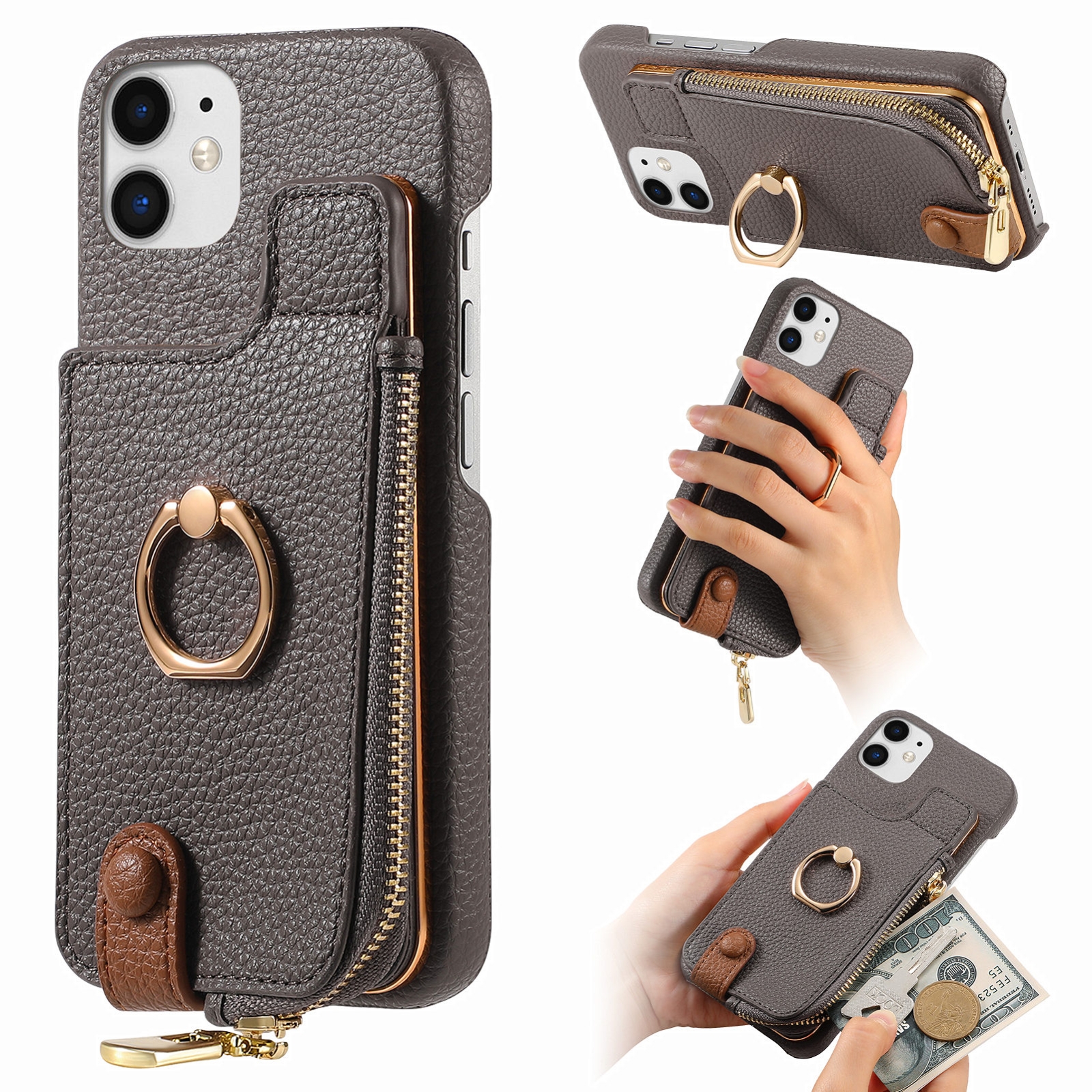 For iPhone 12 mini Litchi Leather Oil Edge Ring Zipper Wallet Back Phone Case(Grey) - Shopkiz.com